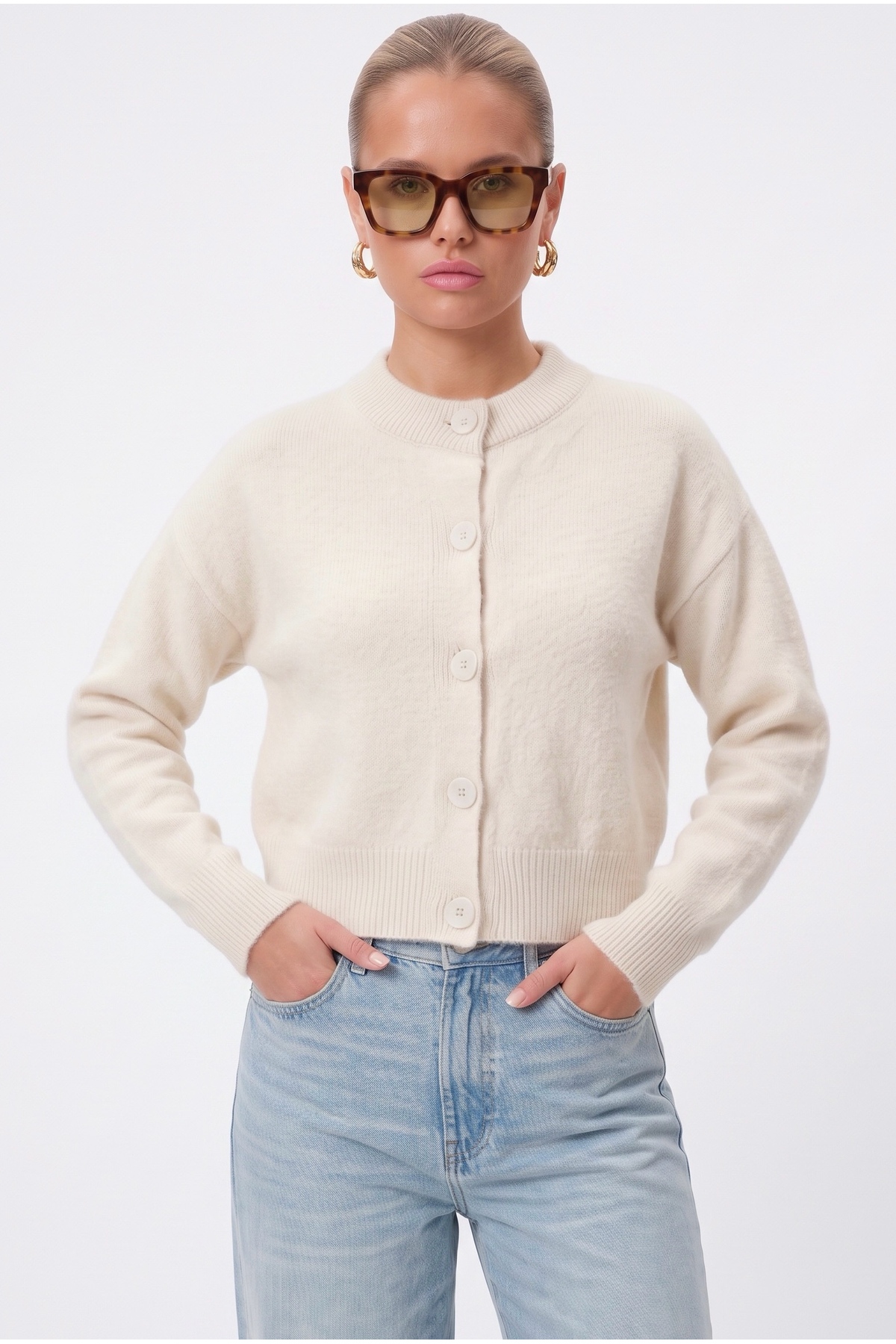 Ritnice Kadın Tilia Crop Krem Yumuşak Dokulu Hırka görsel 4