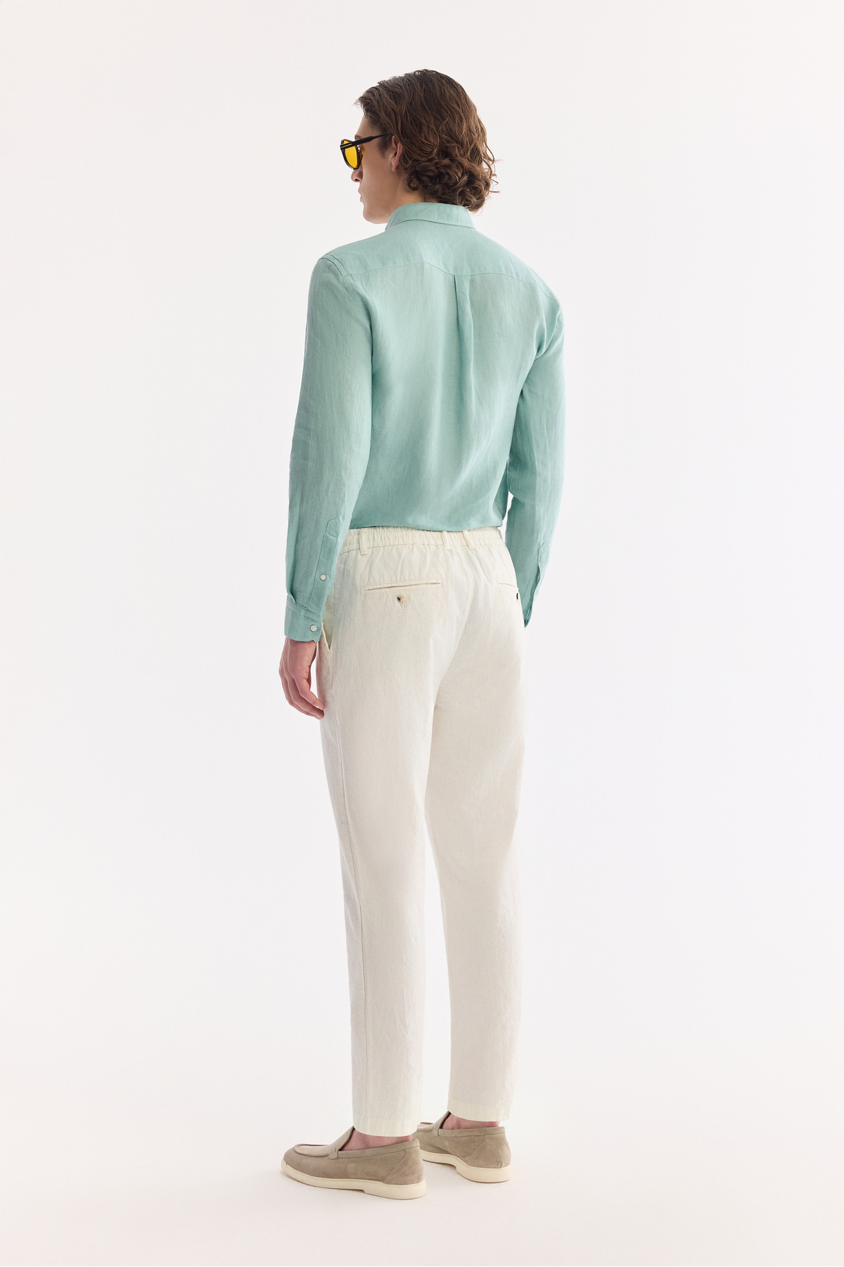 Avva Erkek Kırık Beyaz Beli Bağcıklı Keten Karışımlı Chino Relaxed Fit Pantolon B003036 görsel 6