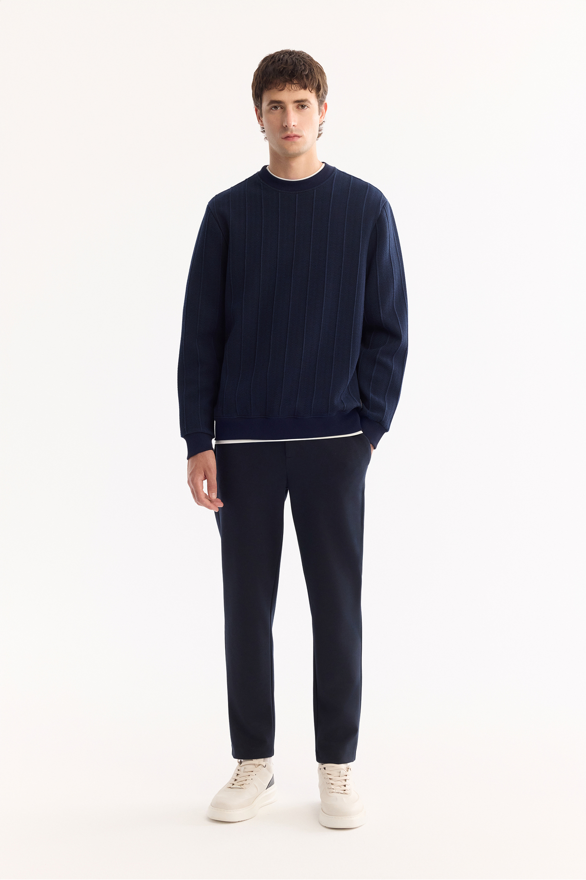 Avva Erkek Lacivert Bisiklet Yaka Çizgili Elastan Regular Fit Sweatshirt A52Y1218 görsel 6