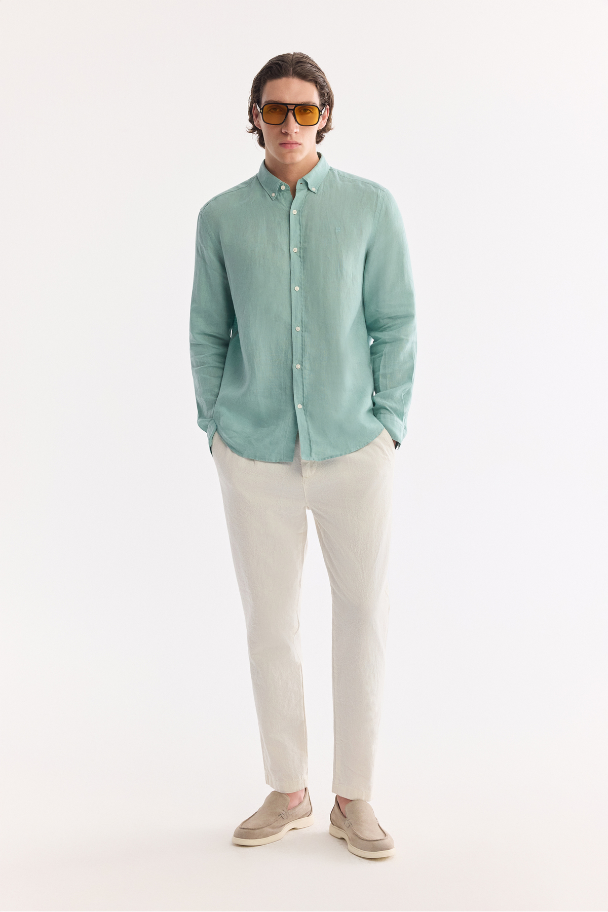 Avva Erkek Kırık Beyaz Beli Bağcıklı Keten Karışımlı Chino Relaxed Fit Pantolon B003036 görsel 7