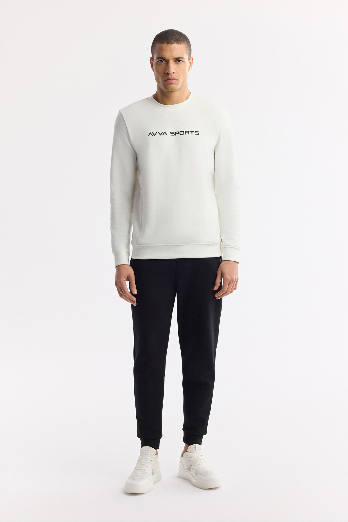 Avva Erkek Ekru Bisiklet Yaka Baskılı Bi-Stretch İnterlok Regular Fit Sweatshirt A51Y1208 görsel 5