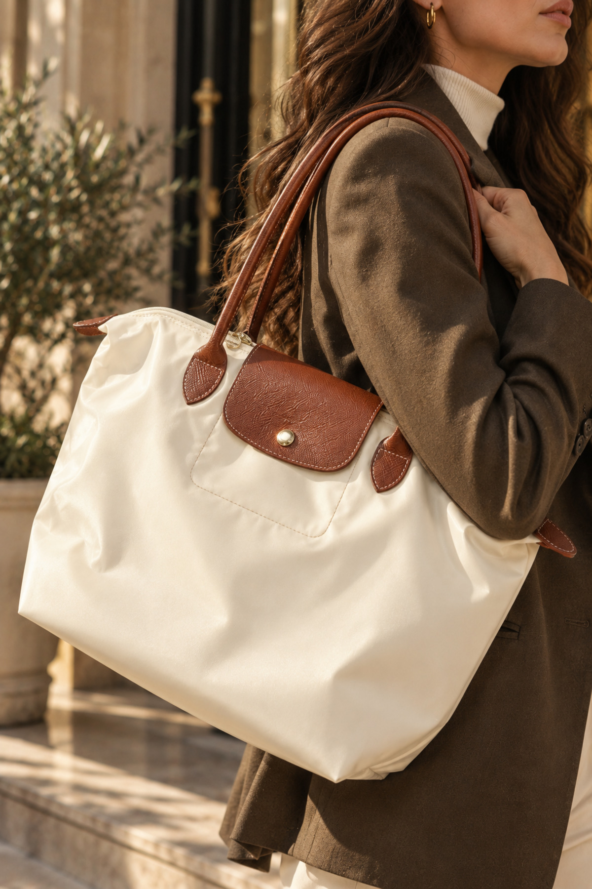 birizmoda Kadın Deri Saplı Katlanabilir Büyük Boy Shopper El ve Omuz Çantası - Krem-Taba görsel 3