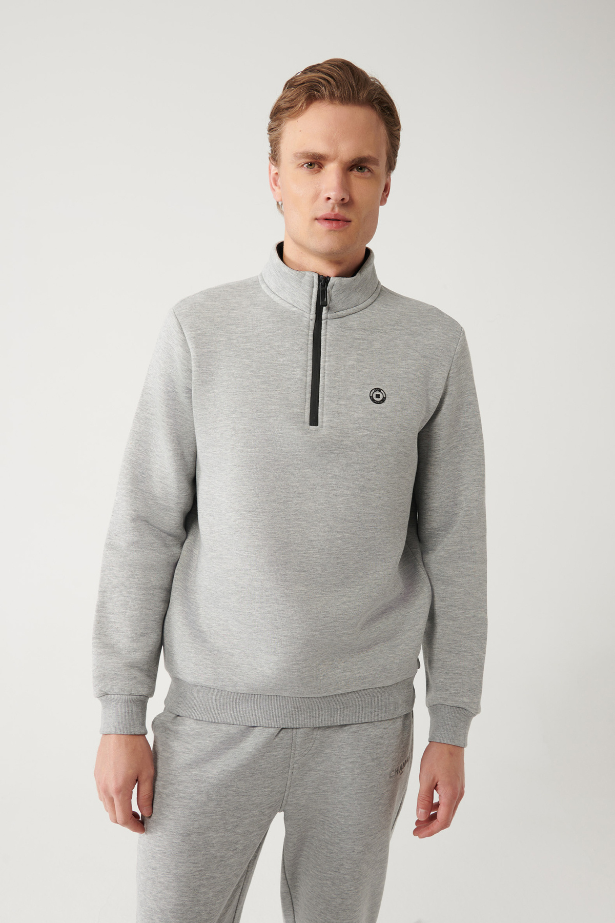 Avva Erkek Gri Dik Yaka Fermuarlı 3 İplik Şardonlu Regular Fit Sweatshirt E001020 görsel 3