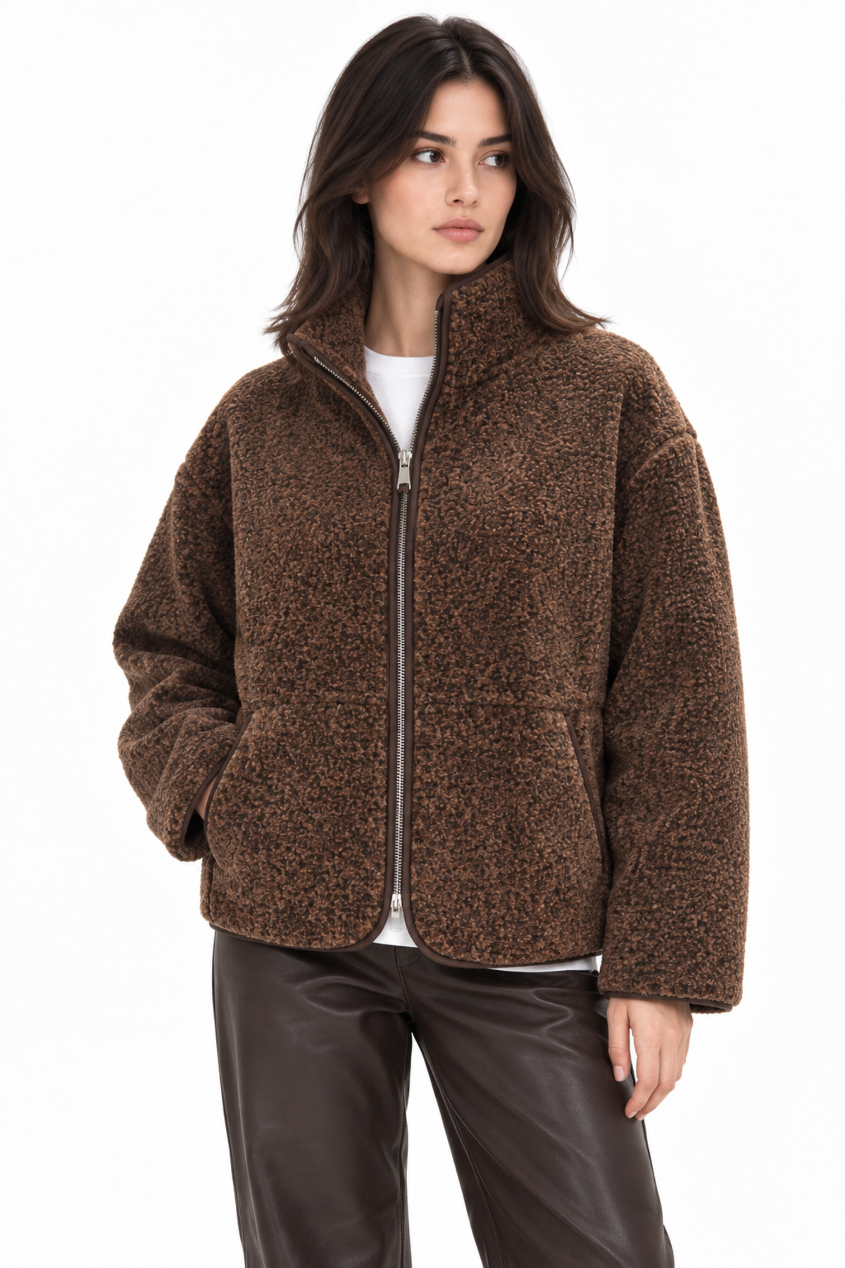 Mixray 4984 Kadın Fermuarlı Önden Cepli Yumuşak Dokulu Dik Yaka Polar Sweatshirt Kahve görsel 2