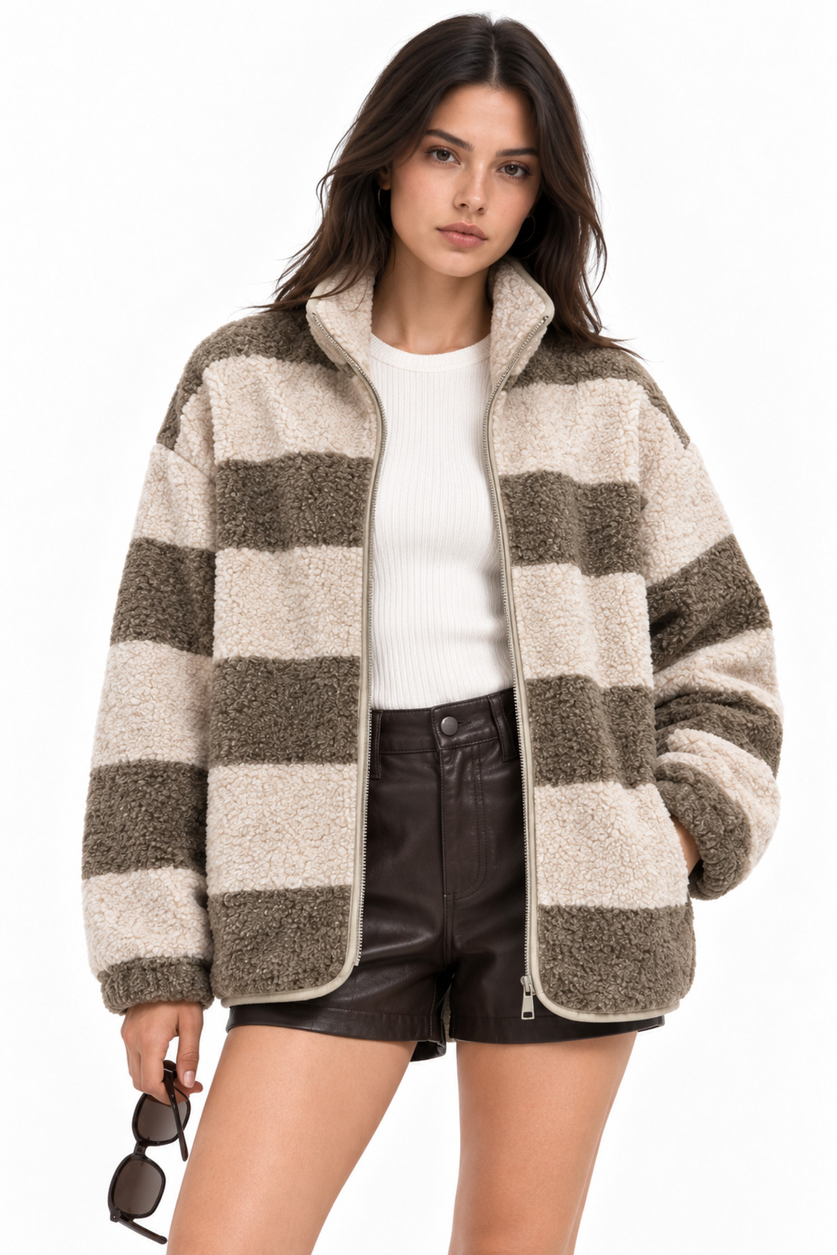 Mixray 4981 Kadın Kahve Çizgili Cepli Yumuşak Dokulu Polar Sweatshirt