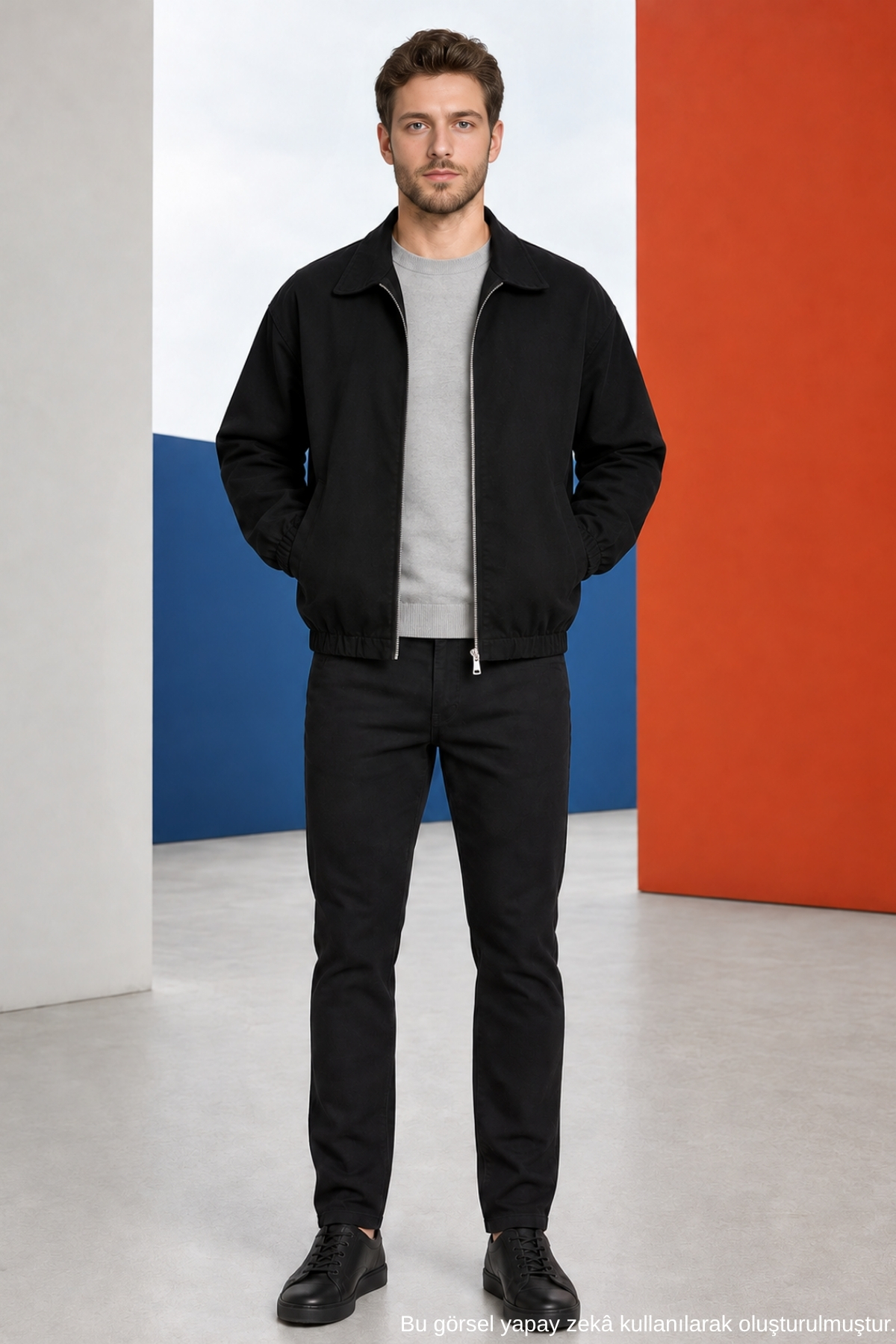 Freemen Erkek Basic Gabardin Kumaş Fermuarlı Oversize Mevsimlik Polo Yaka Siyah Ceket görsel 2