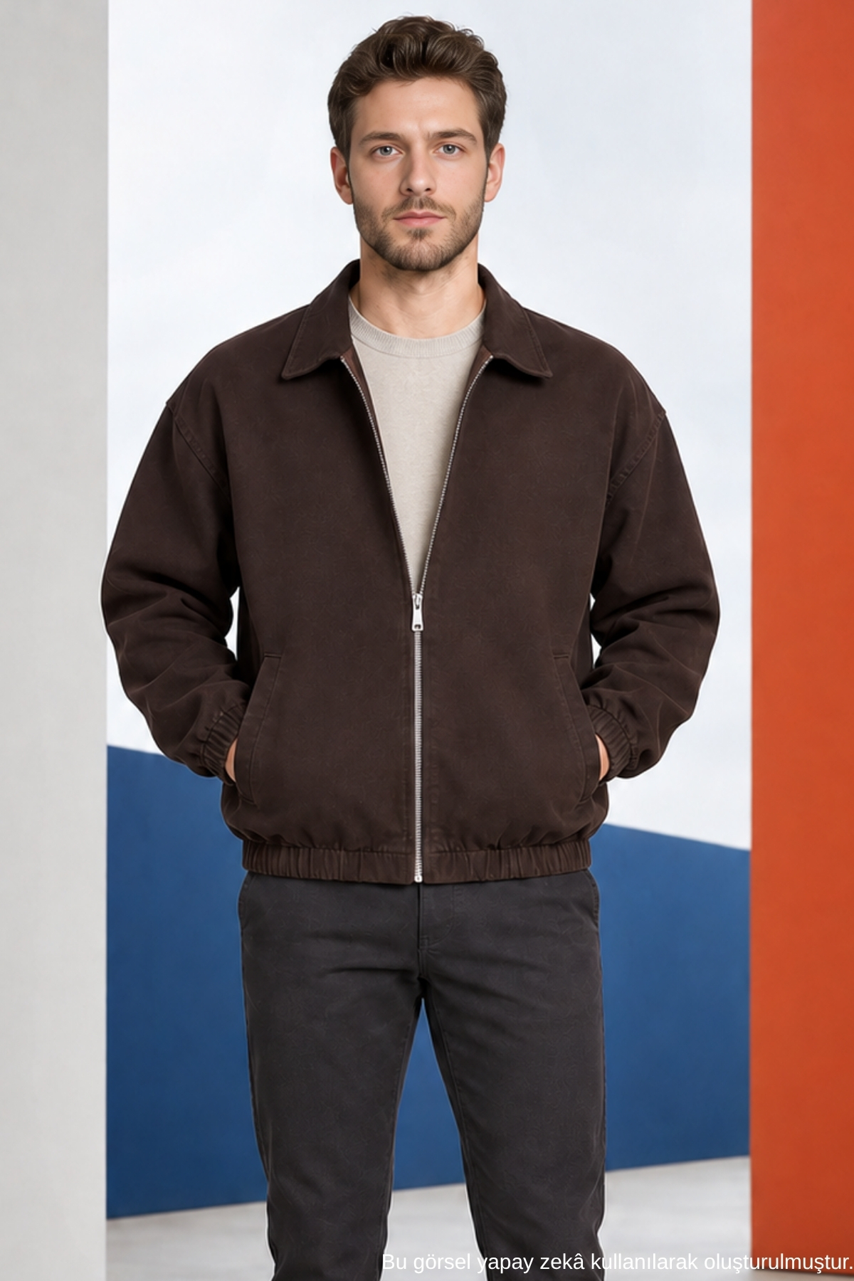Freemen Erkek Basic Gabardin Kumaş Fermuarlı Oversize Mevsimlik Polo Yaka Kiremit Ceket görsel 3