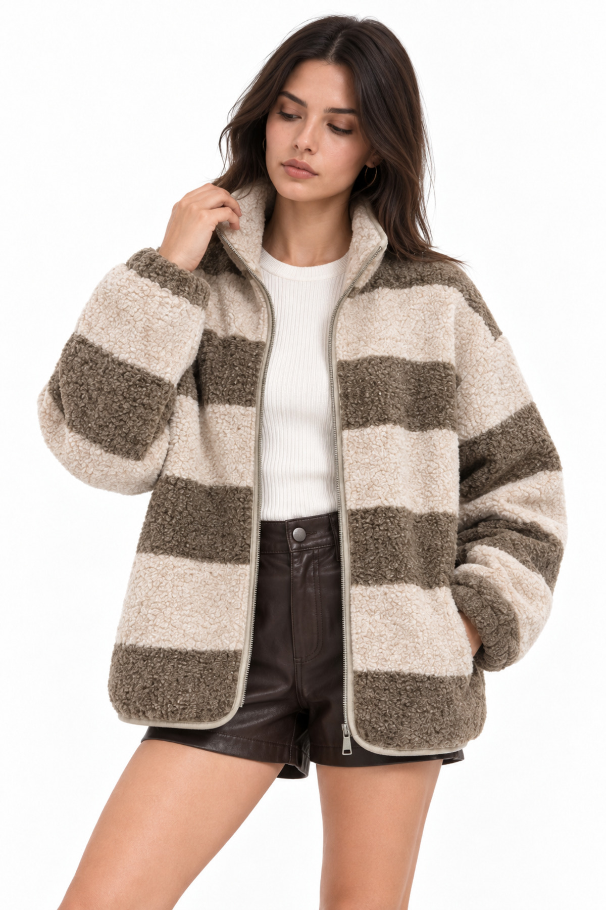 Mixray 4981 Kadın Kahve Çizgili Cepli Yumuşak Dokulu Polar Sweatshirt görsel 3
