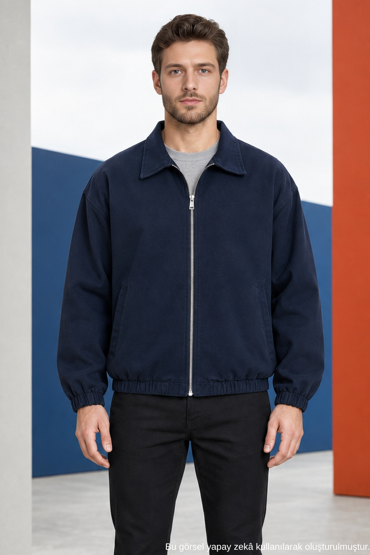 Freemen Erkek Basic Gabardin Kumaş Fermuarlı Oversize Mevsimlik Polo Yaka Lacivert Ceket