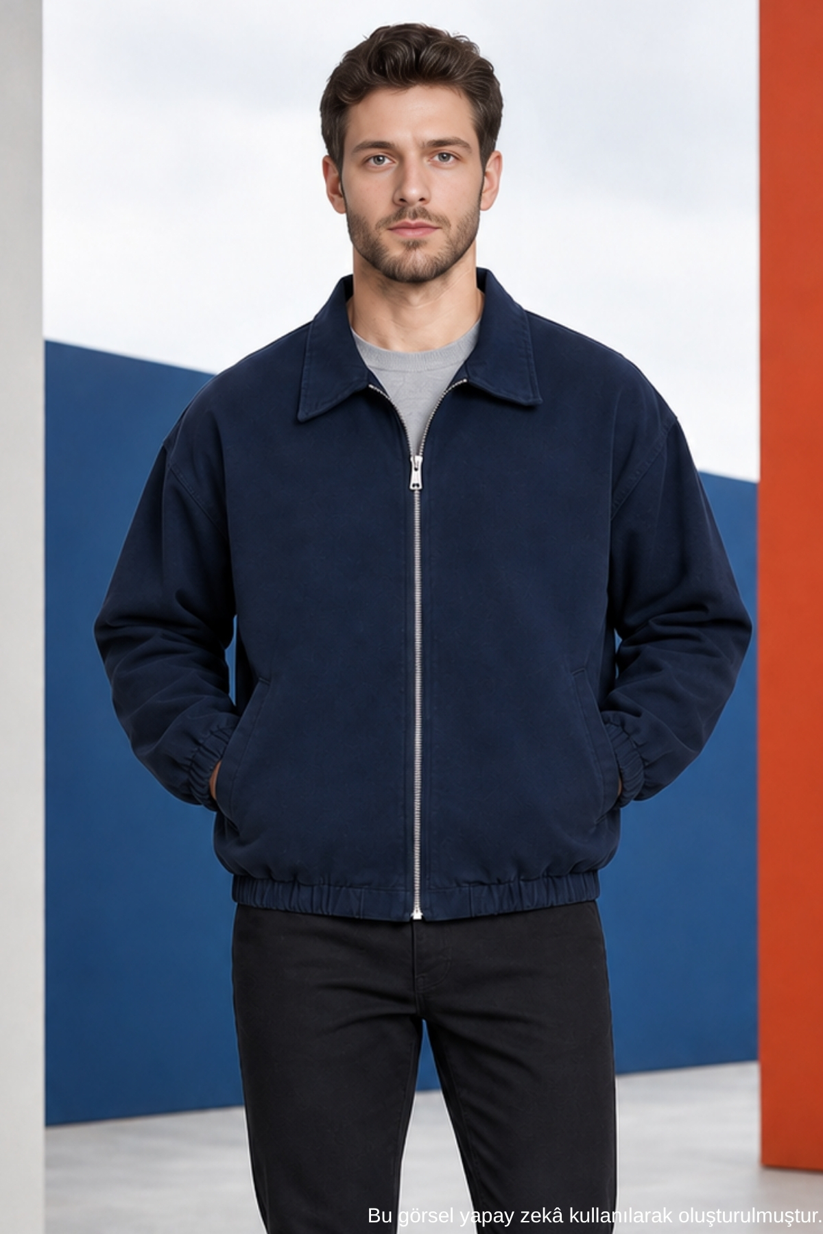 Freemen Erkek Basic Gabardin Kumaş Fermuarlı Oversize Mevsimlik Polo Yaka Lacivert Ceket görsel 4