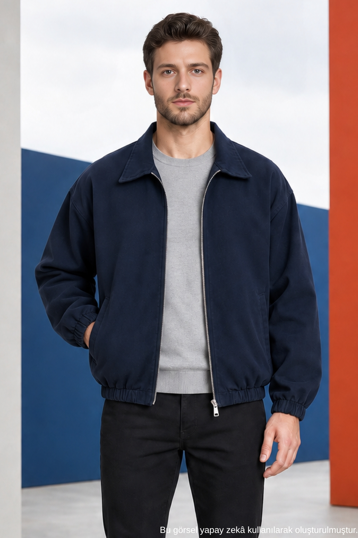 Freemen Erkek Basic Gabardin Kumaş Fermuarlı Oversize Mevsimlik Polo Yaka Lacivert Ceket görsel 2