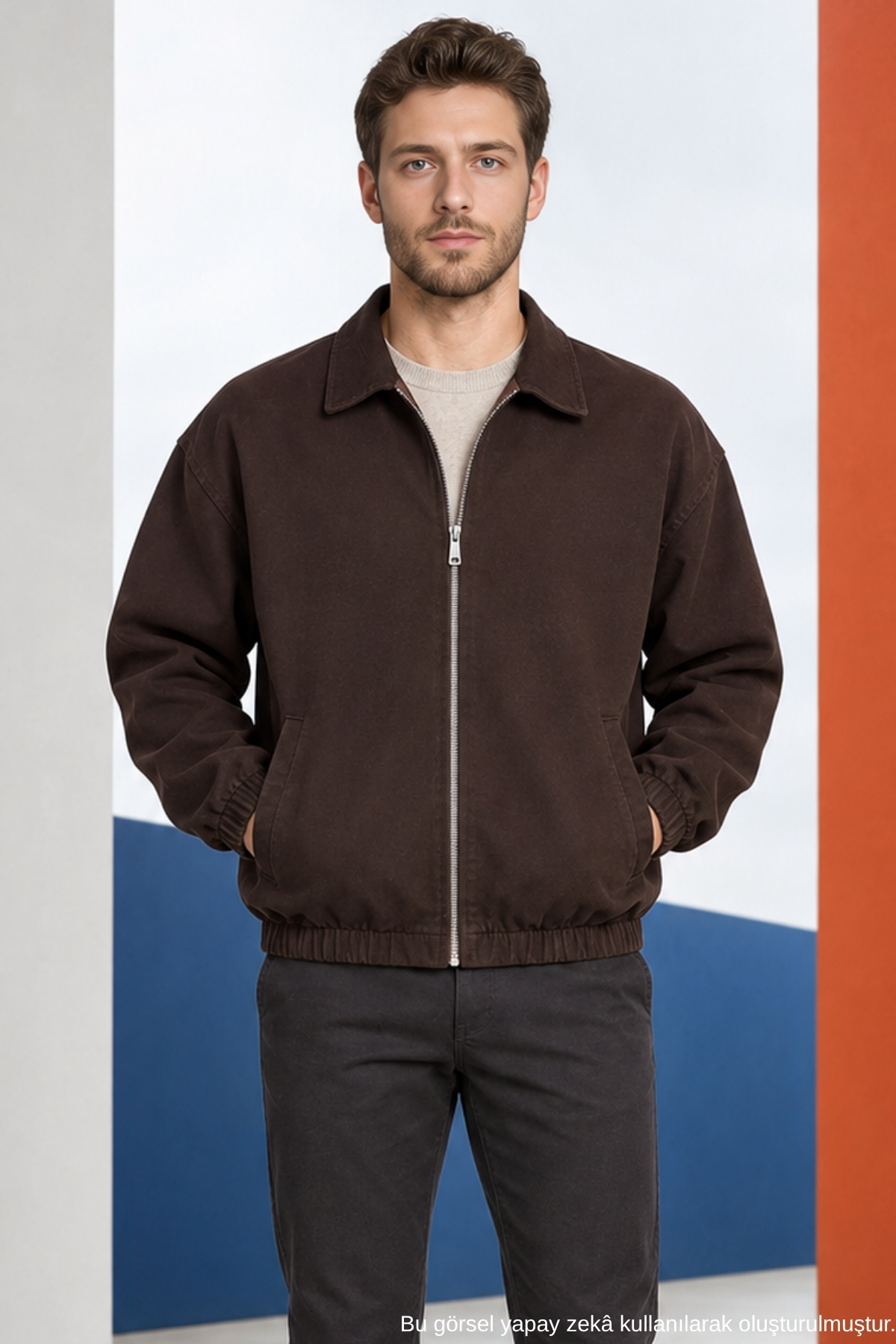 Freemen Erkek Basic Gabardin Kumaş Fermuarlı Oversize Mevsimlik Polo Yaka Kiremit Ceket