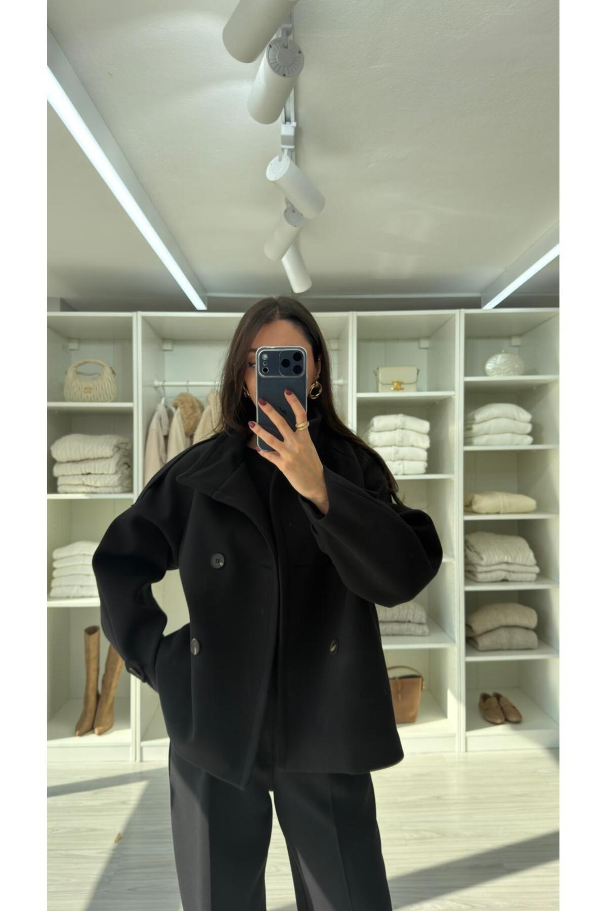 LUUNA STORE Morenia Dik Yaka Kaşe - Siyah görsel 5