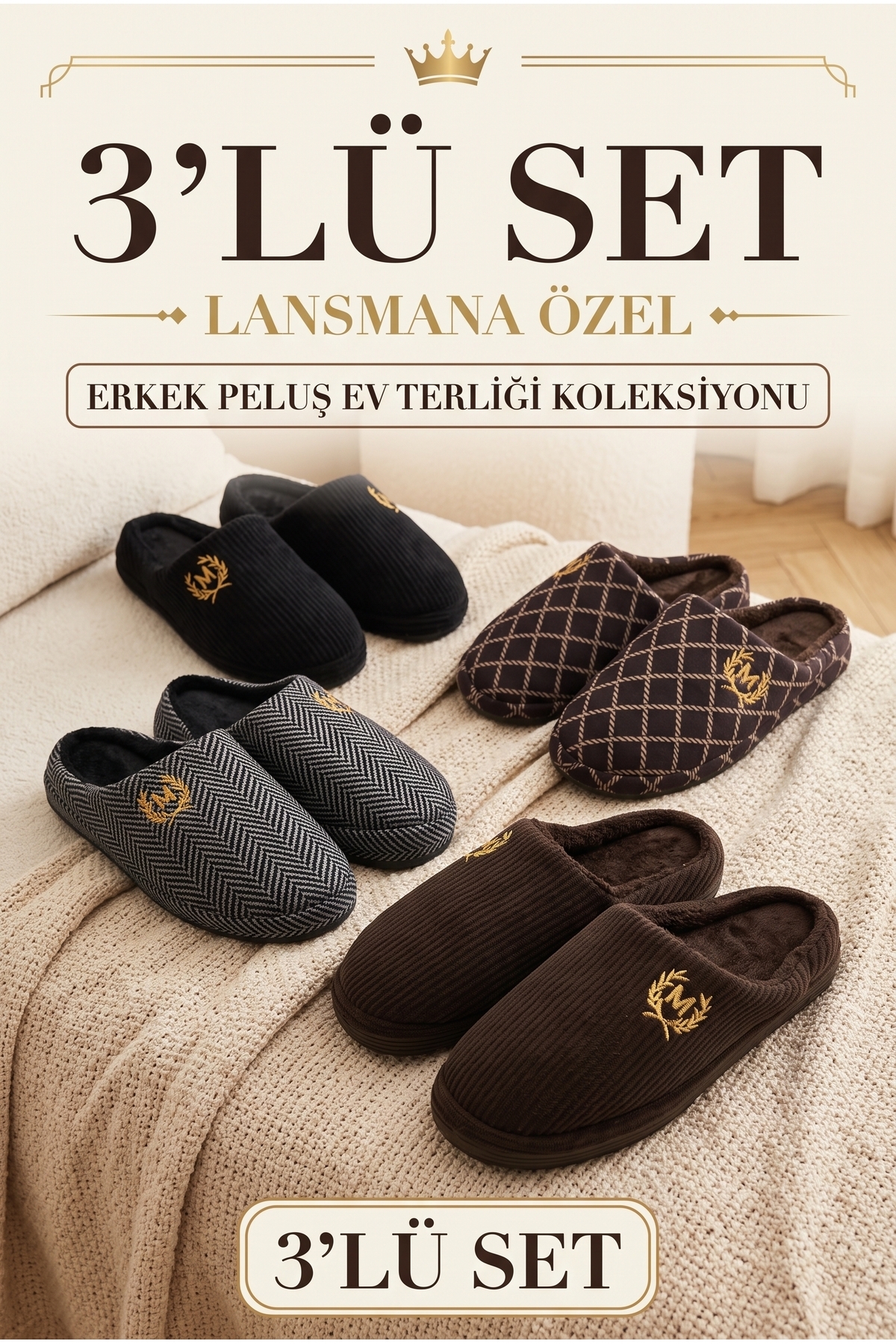 StWenn 3'lü Paket Erkek Kadife Ev Terliği Çeyiz Terliği Kışlık Terlik Ses Yapmaz Hafif Taban görsel 2