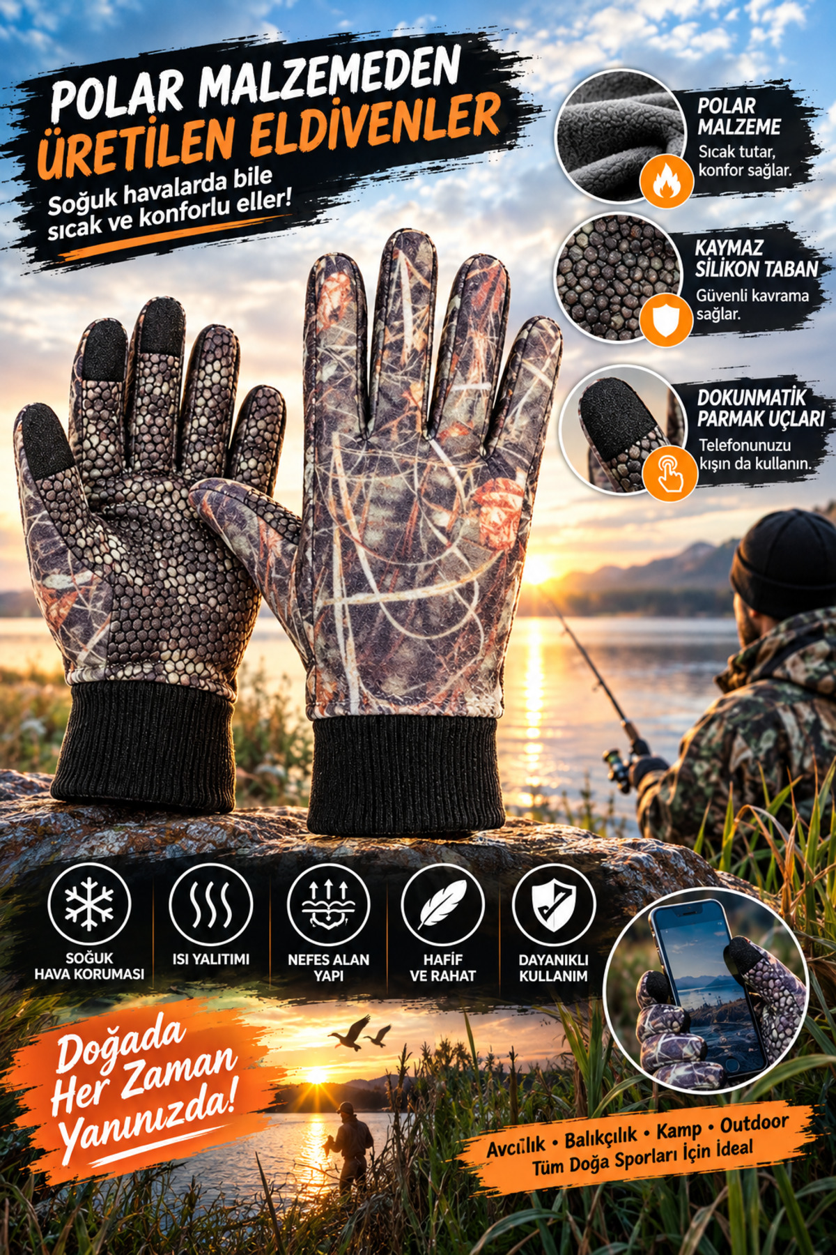 dkmoutdoor Sazlık Unisex Avcı Ve Atış Eldiveni Kamuflaj Desenli Dokunmatik Ekran Uyumlu Kaymaz taban