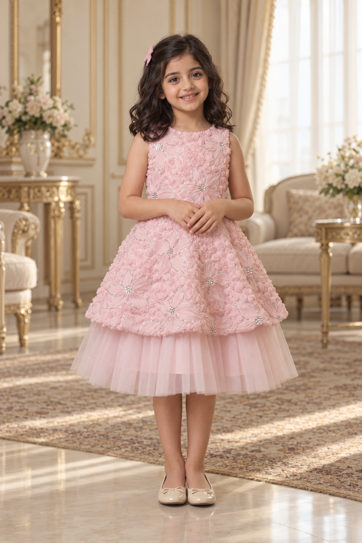 Girls' Dress Fluffy Sequin Flower Bow Back Dress