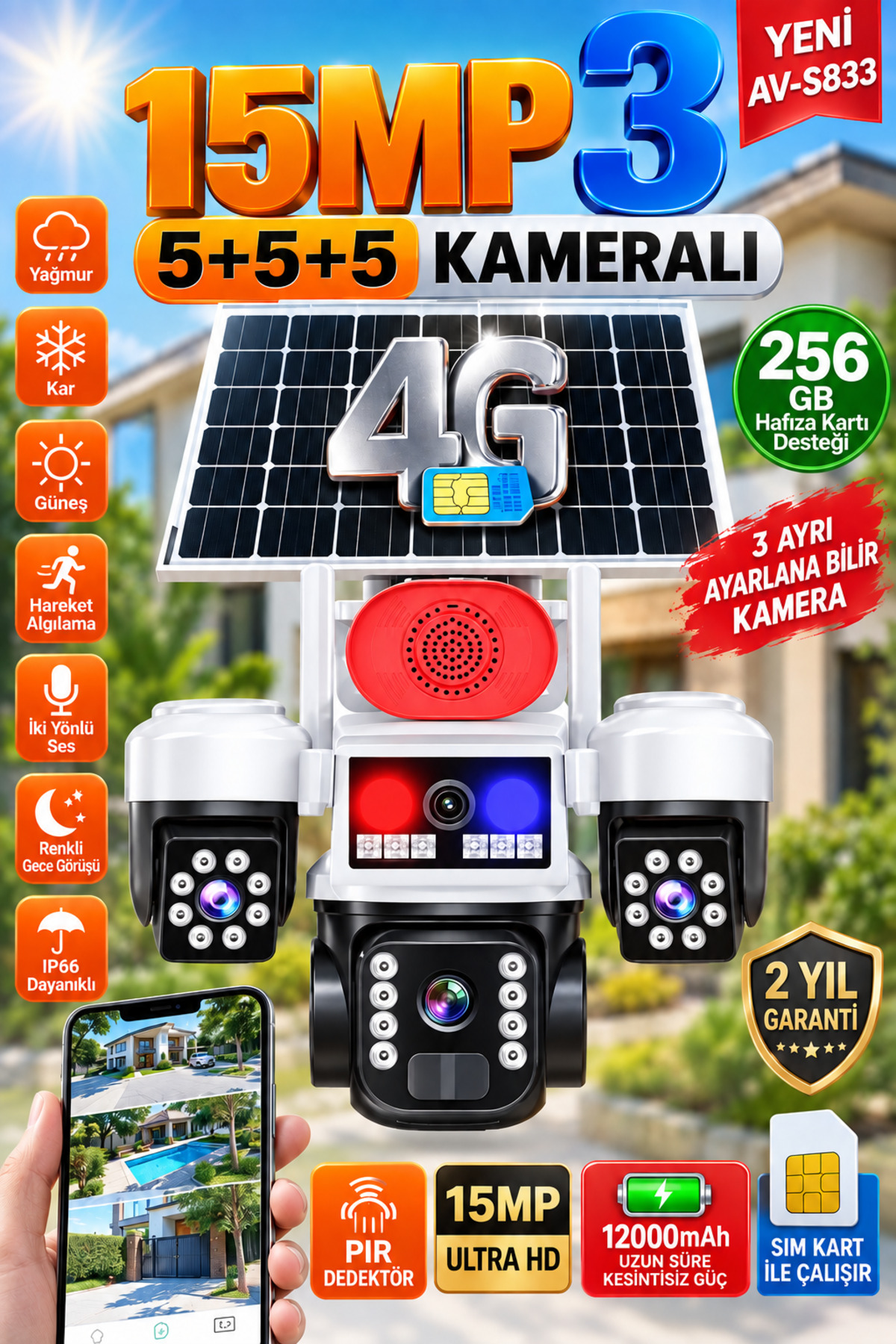 TRCharger Av-s833 Solar Güneş Enerjili Panelli 3 Kameralı 15mp 3