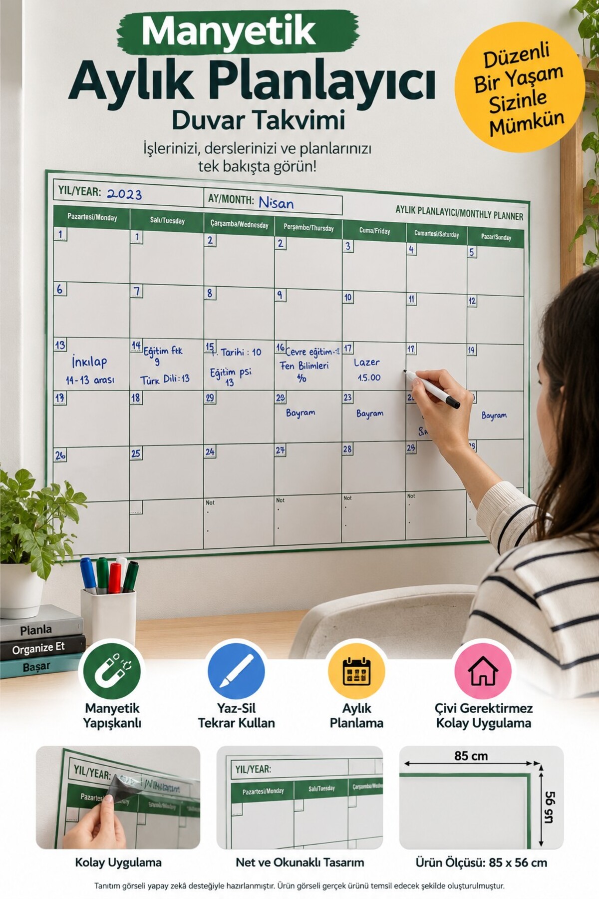TOYFEST Manyetik Aylık Duvar Planlayıcı Takvim Yapışkanlı Silinebilir Organizer 85x56 cm