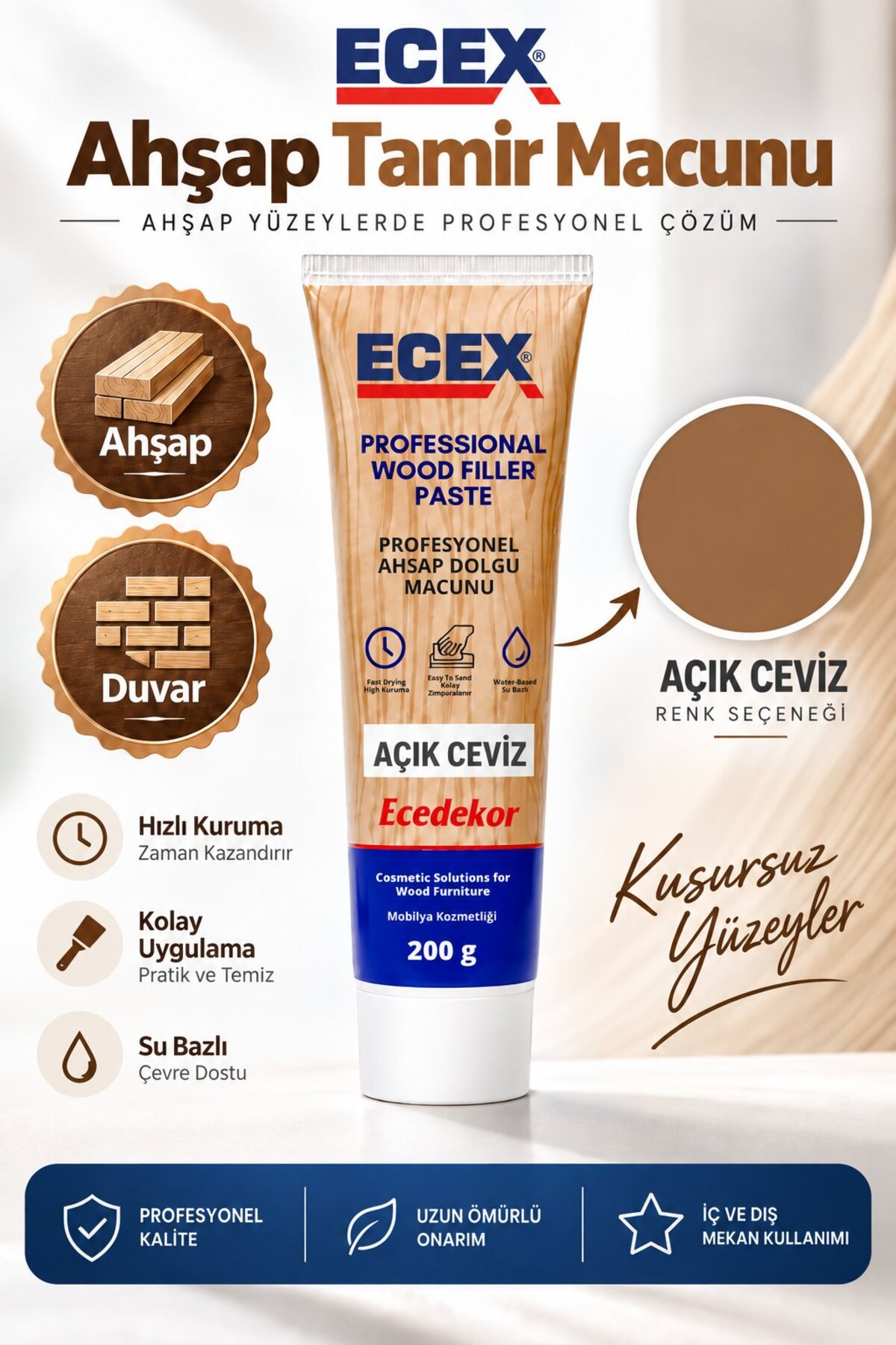 ecedekor Açık Ceviz Ahşap Tamir Macunu (200gr) – Su Bazlı Çatlak ve Yüzey Dolgu Macunu | MDF, Mobilya, Kapı, Parke, Laminat ve Duvar Tamiri