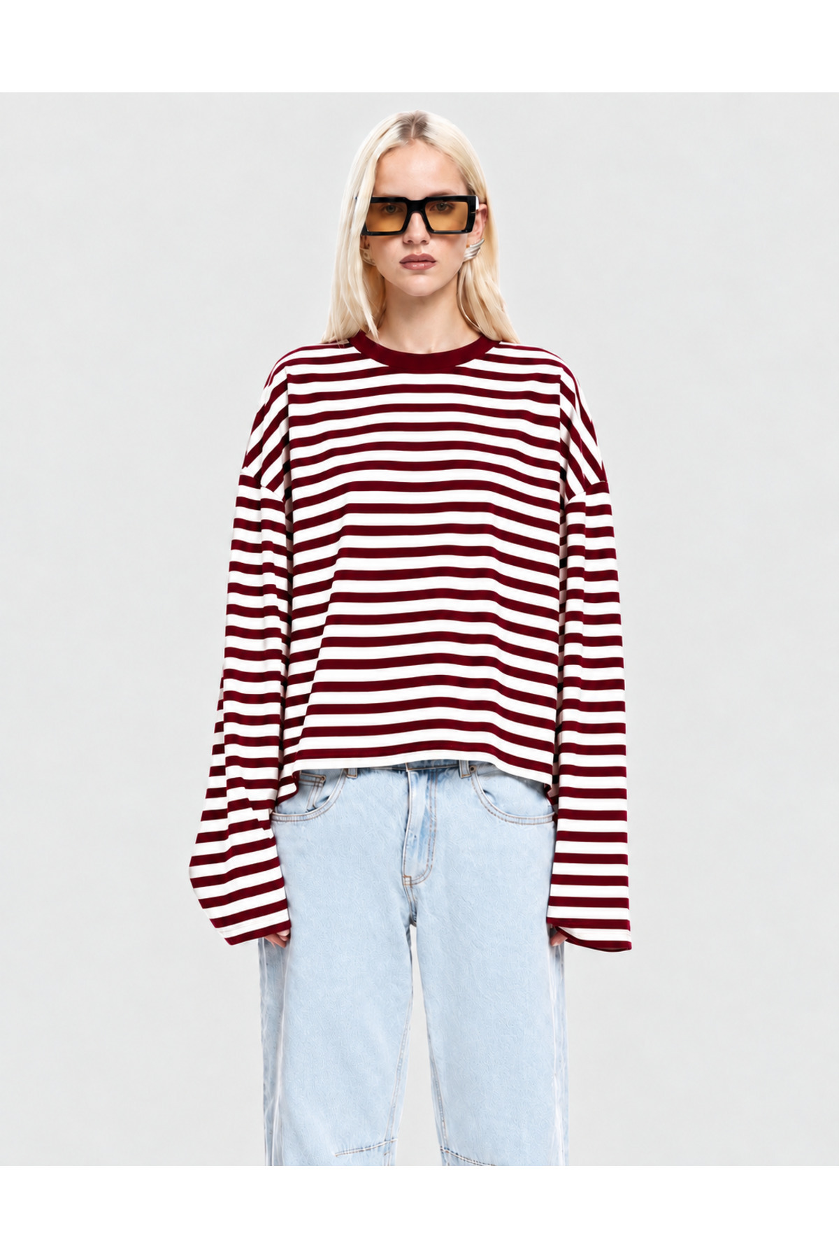 Uzun Kollu Bordo Çizgili Sweatshirt G-9672