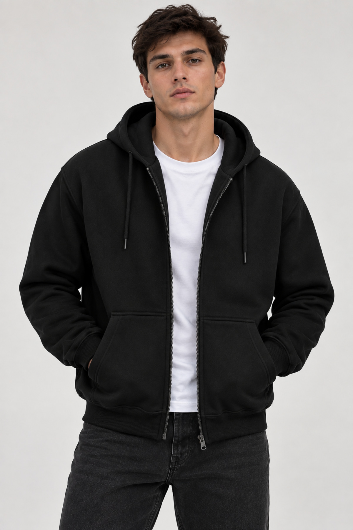 CLIPMAN Erkek Slim Fit Örgü 3 İplik Fermuarlı Polar Hırka Siyah görsel 2