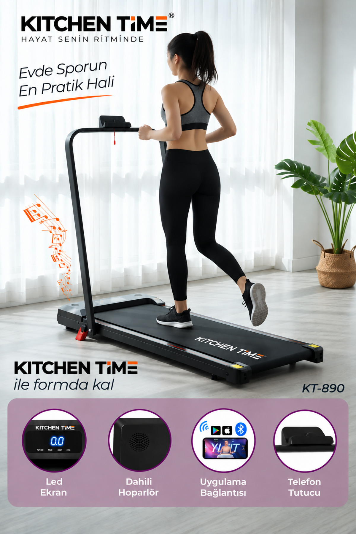 Kitchen Time Yeni Nesil Bluetoothlu Koşu Bandı 10 Km Hız 2 Hp Motor Kumandalı Profesyonel