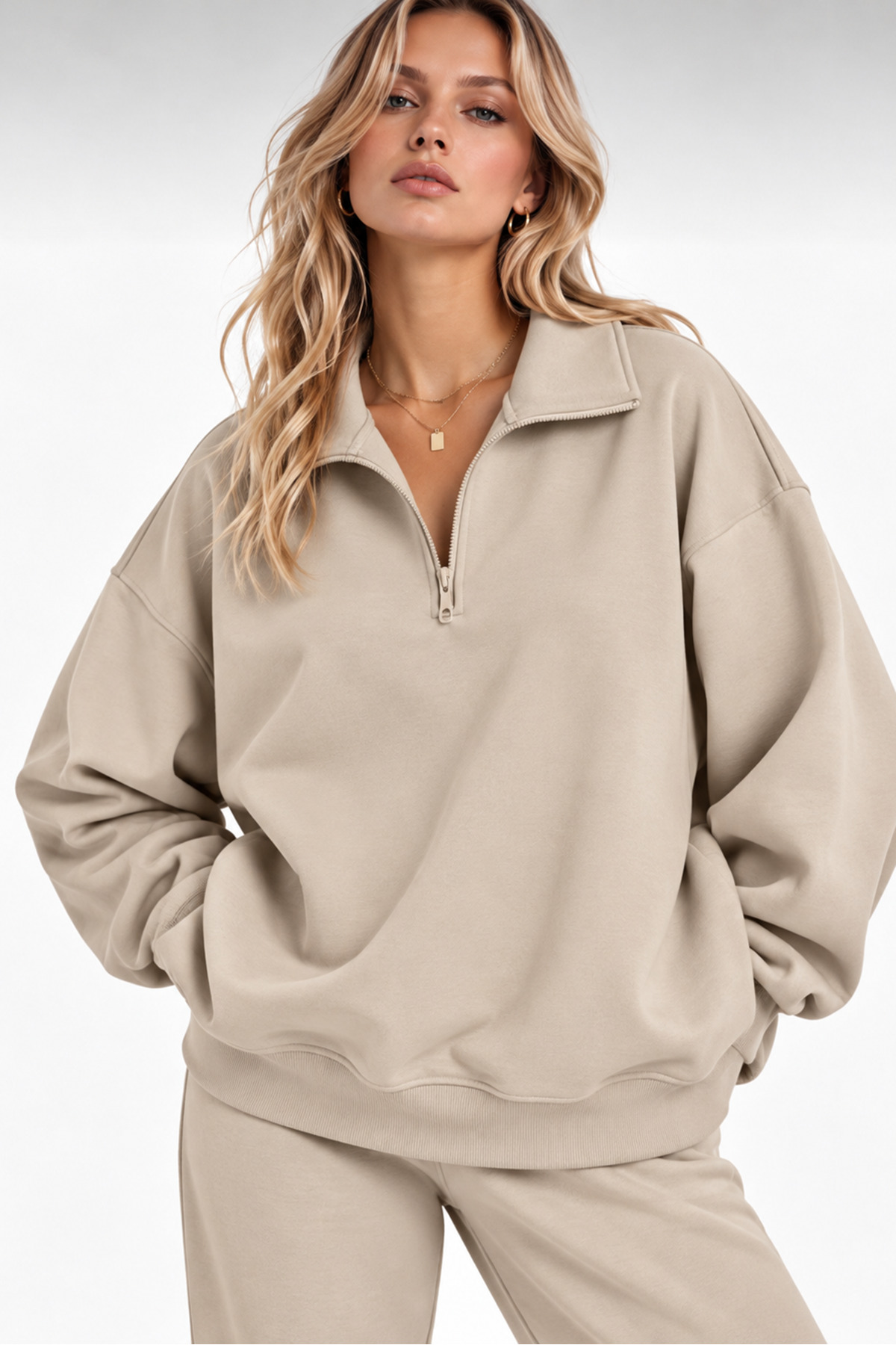 Kadın Krem Polo Yaka Oversize 3 Iplik Şardonlu Sweatshirt — بژ svyarımfermuarpoloyaka — تصویر 4 از 5