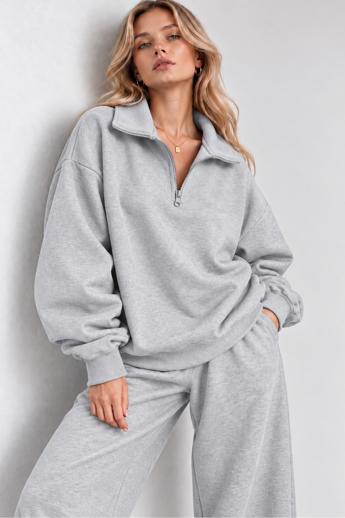 Kadın Gri Polo Yaka Oversize 3 Iplik Şardonlu Sweatshirt — خاکستری svyarımfermuarpoloyaka
