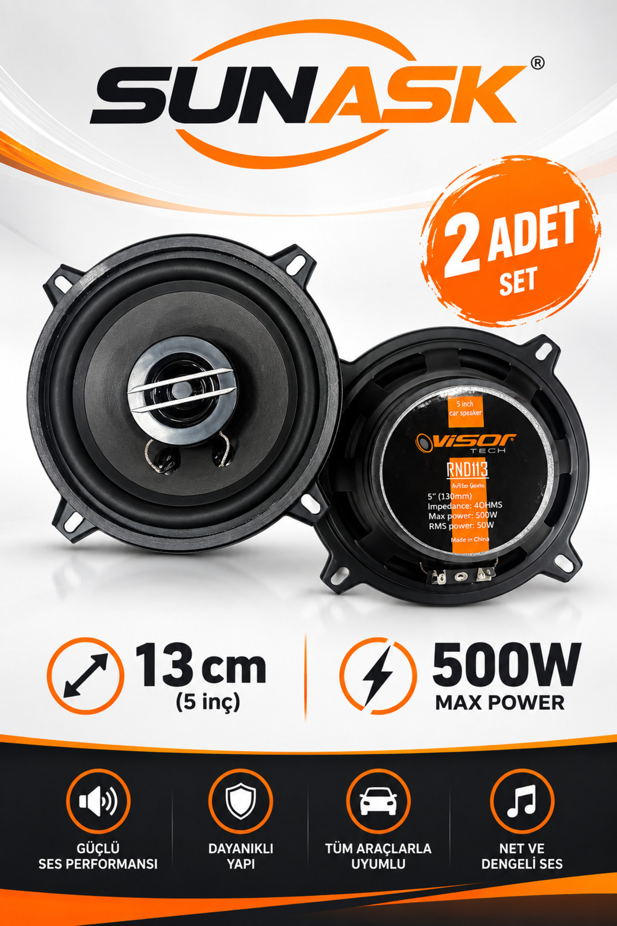 Sunask Sn-1397 Çifti 550 Watt 13 Cm Araba Oto Hoparlör Yüksek Ses
