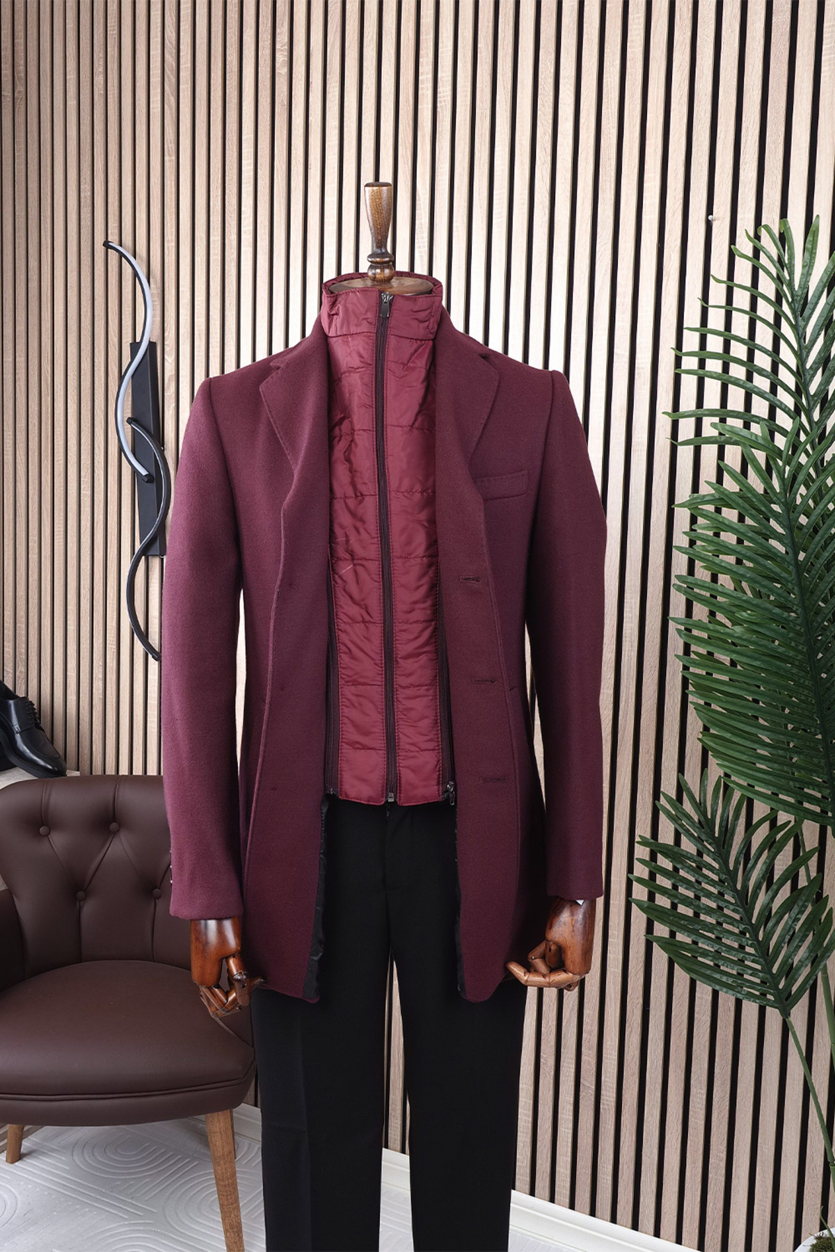 Erkek Slim Fit Bordo Çıkmalı Ceket Yaka İçi Kapitoneli Tek Yırtmaç Dizüstü Kaşe Kaban — زرشکی 6358-9 — تصویر 3 از 4