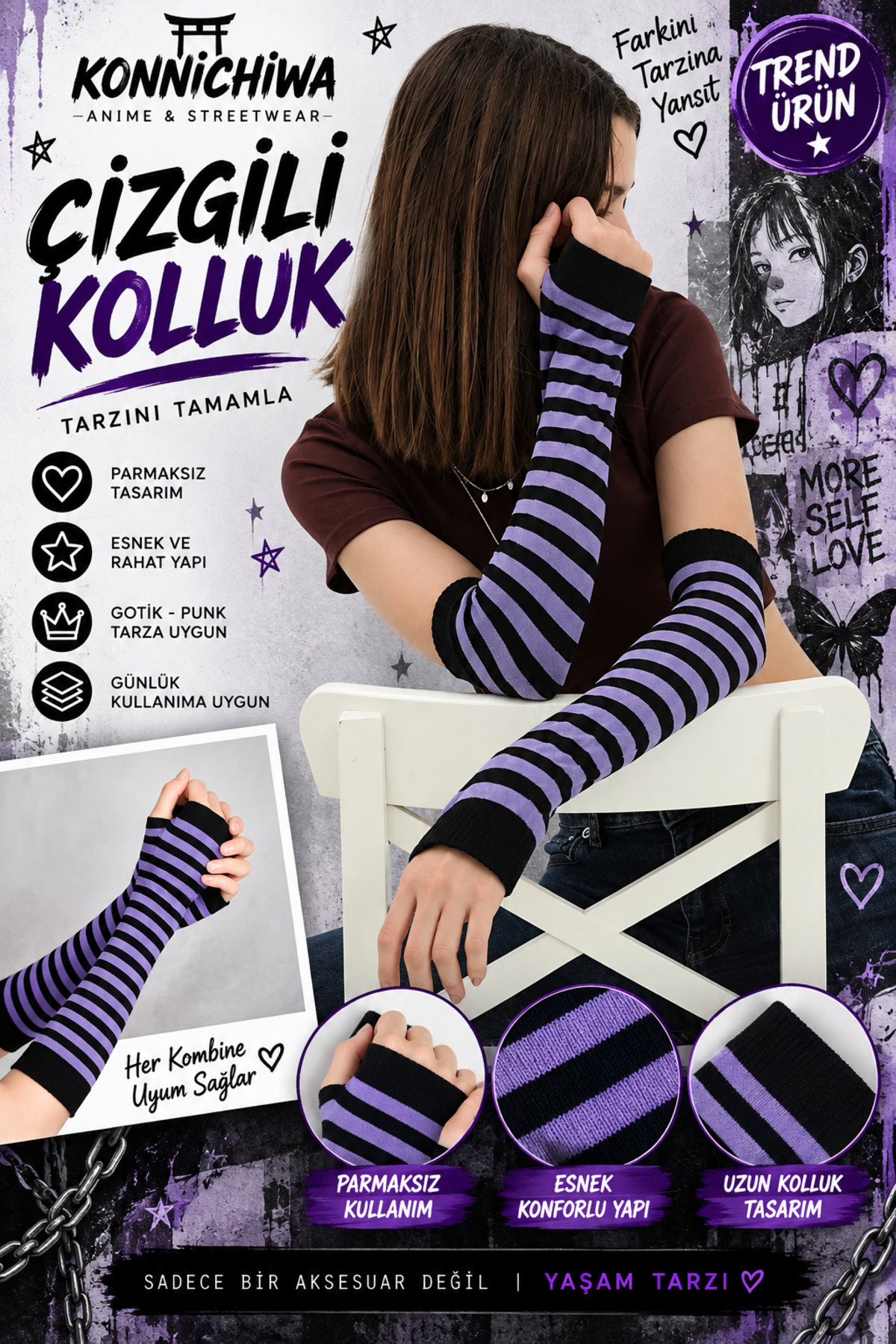FG KONNİCHİWA Kesik Parmak Ikili Mor Siyah Çizgili Kolluk