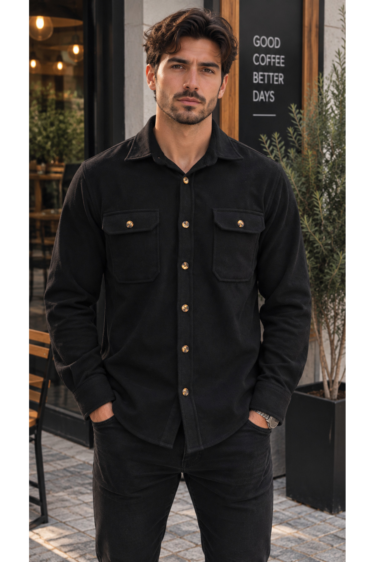 پیراهن مردانه طرح چوب با جیب، پارچه ضخیم - مشکی — مشکی XA512462 — تصویر 2 از 7