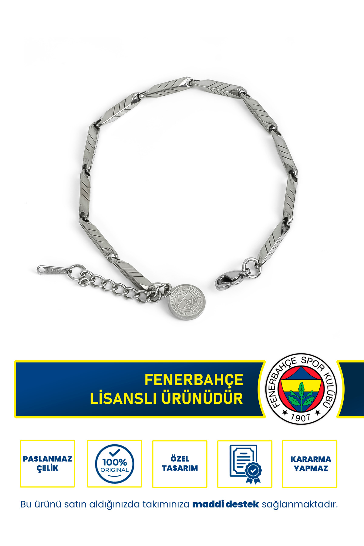 Fenerbahçe FB Çizgili Ayarlanabilir 19 cm Çelik Bileklik Gri Lisanslı Taraftar Bileklik