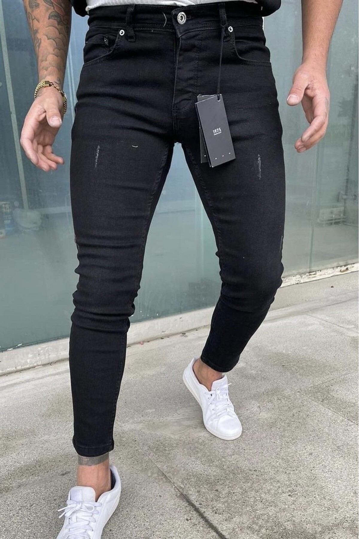 Erkek Siyah Slim Fit Likralı Lazerli Kot Pantolon