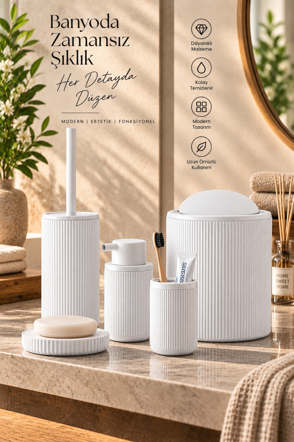 Tugomer 5 Parça Lüx Banyo Seti - Dekoratif Yuvarlak Pratik Kapak Çöp Kovası Diş Fırçalık Sabunluk Fırça Seti