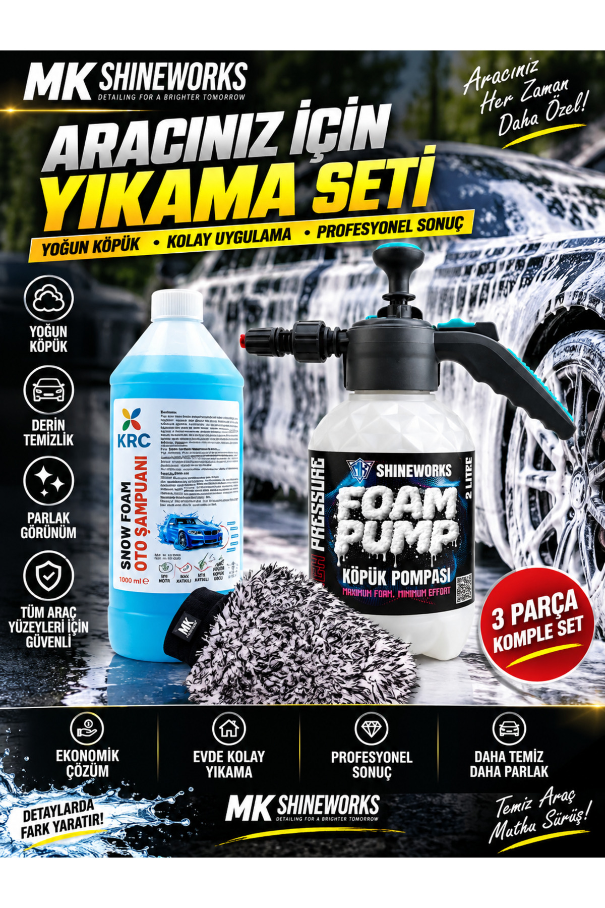 MK SHINEWORKS Snow Foam Köpüklü Oto Yıkama Seti (3'lü Set