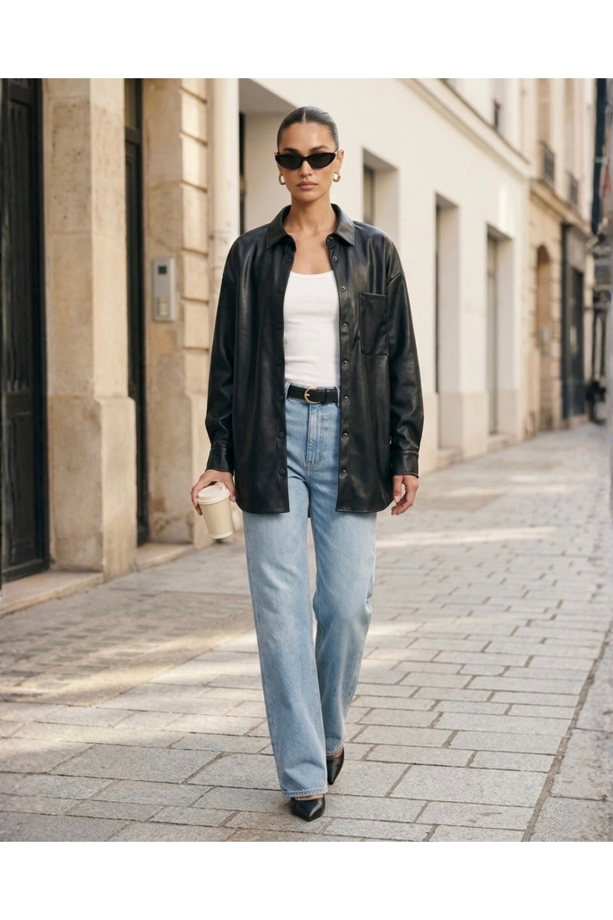Siyah Oversize Cep Detaylı Deri Gömlek — مشکی GMDR01 — تصویر 8 از 9