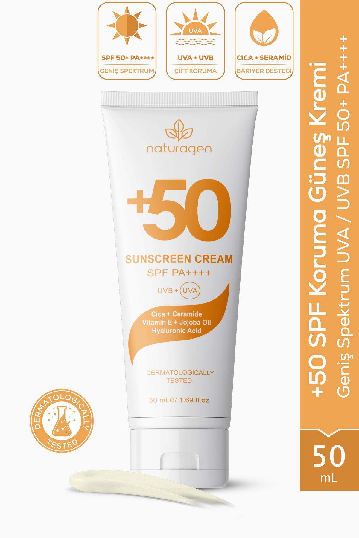 Naturagen SPF50+ Geniş Spektrum Güneş Kremi 50 ml | UVA / UVB SPF 50+ PA++++ | Bariyer Onarıcı | CICA, Ceramide — KZMNTG0080