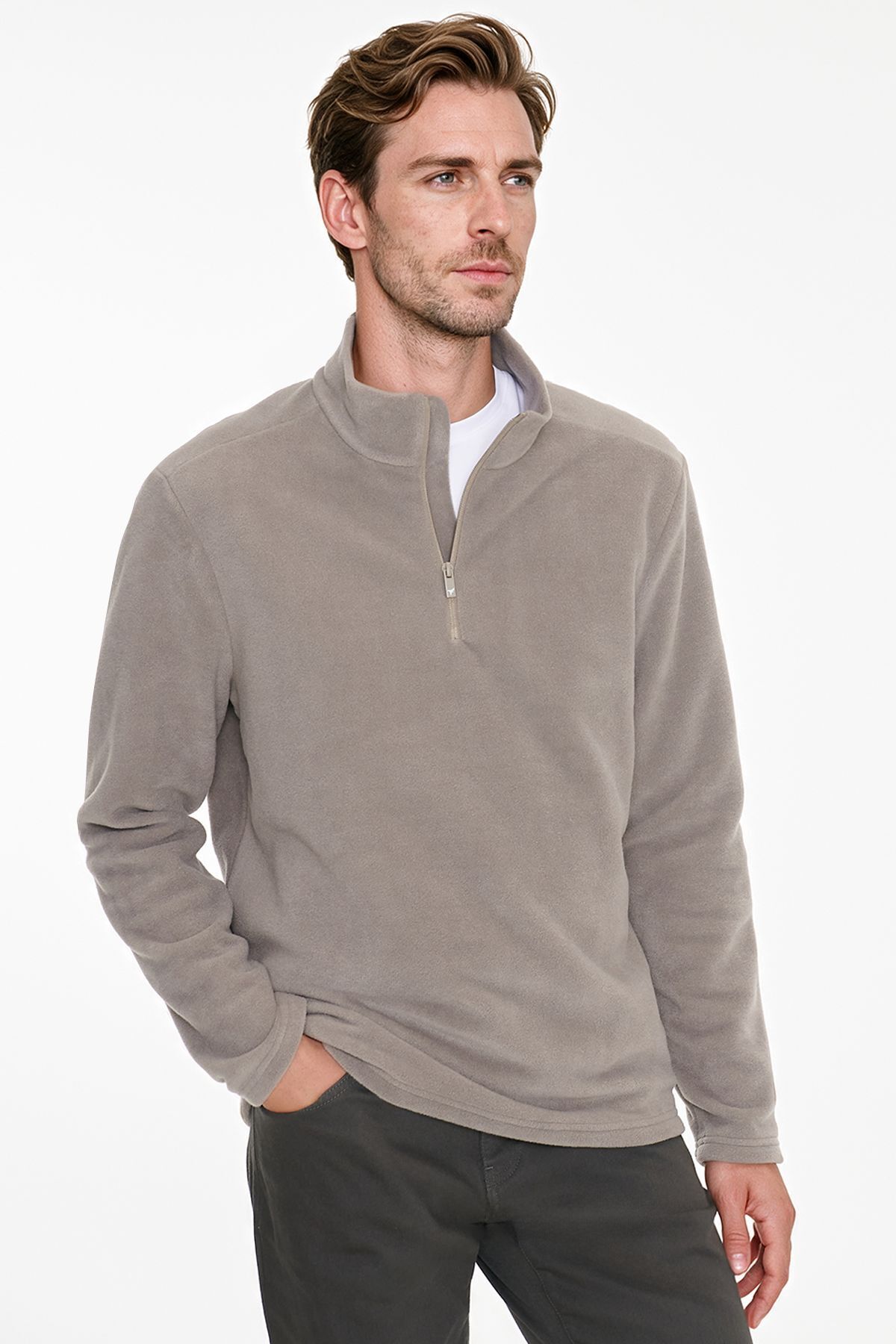 AC&Co / Altınyıldız Classics Erkek Vizon Anti-Pilling Tüylenme Yapmayan Standart Fit Dik Yaka Polar Sweatshirt görsel 3