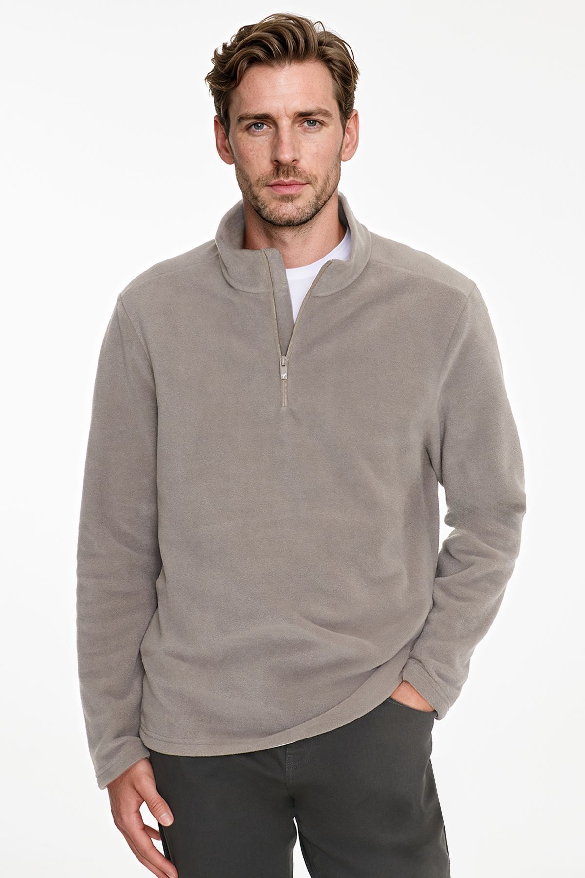 AC&Co / Altınyıldız Classics Erkek Vizon Anti-Pilling Tüylenme Yapmayan Standart Fit Dik Yaka Polar Sweatshirt görsel 4