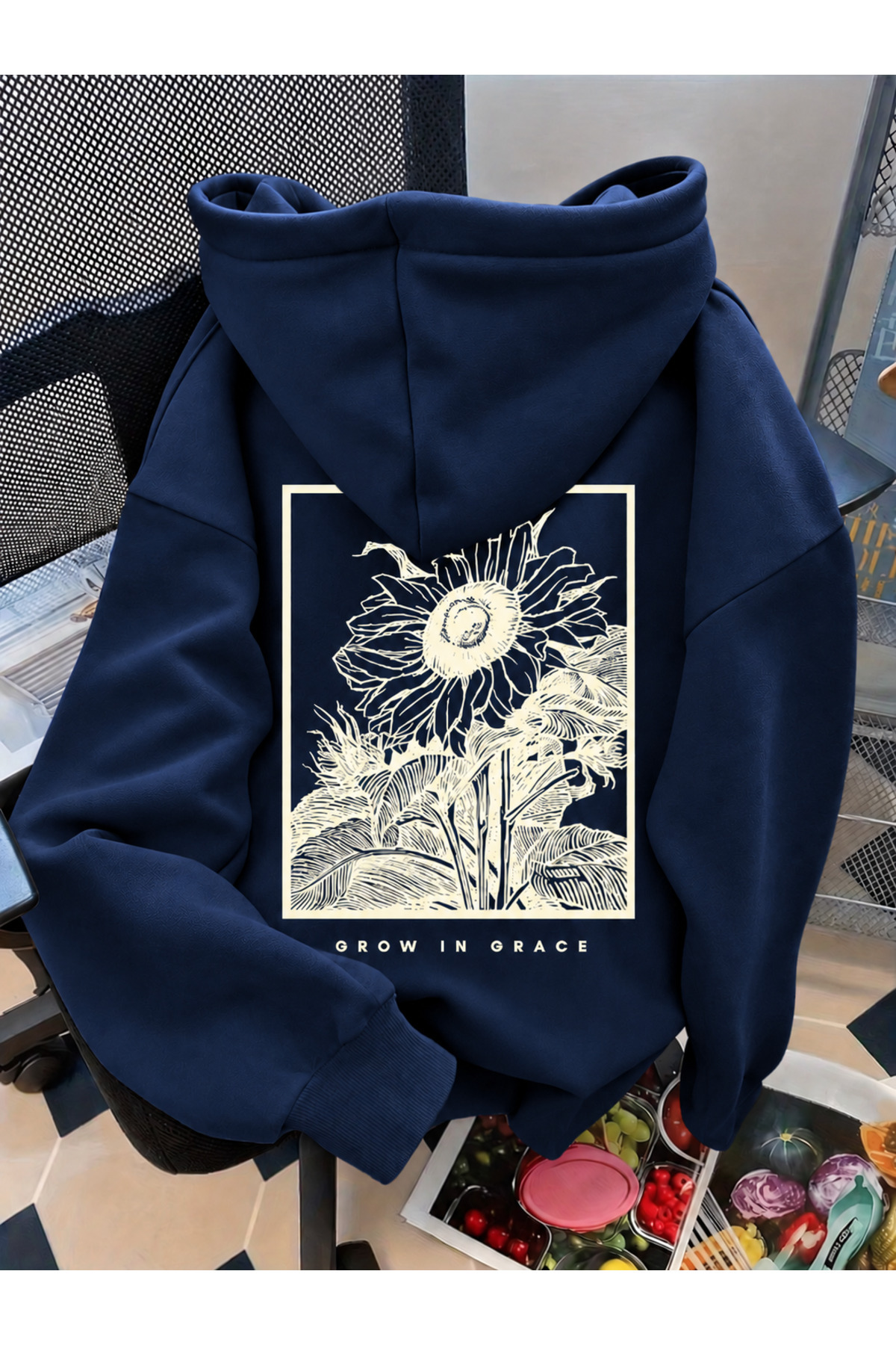 Revasser Unisex Kadın/Erkek GROW Baskılı Özel Tasarım Oversize Pamuklu Kapüşonlu Sweatshirt
