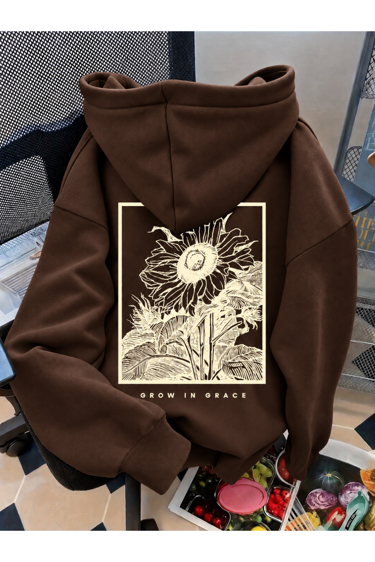 Revasser Unisex Kadın/Erkek GROW Baskılı Özel Tasarım Oversize Pamuklu Kapüşonlu Sweatshirt