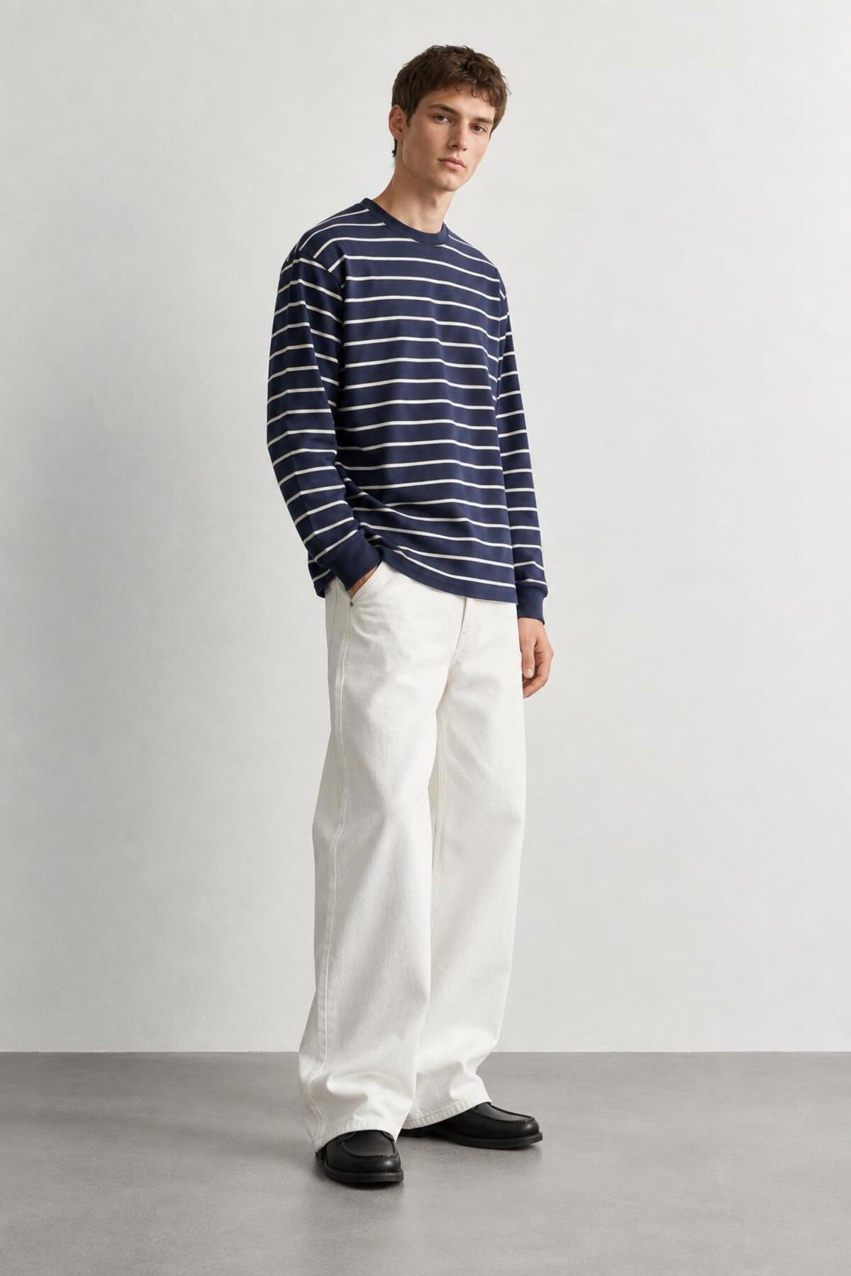 Çizgili Uzun Kollu Sweatshirt — سرمه‌ای E26-00341 — تصویر 3 از 4