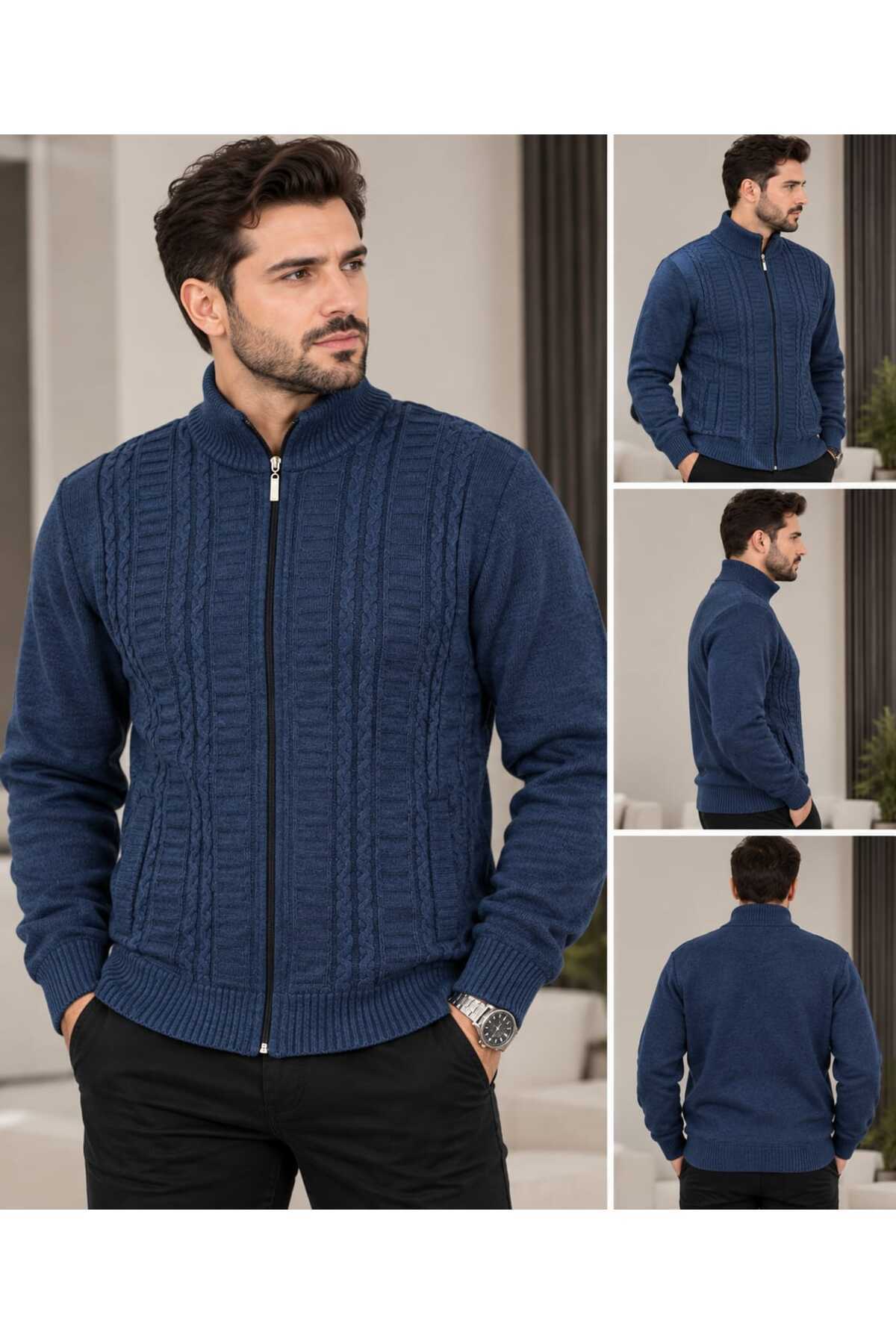 🧶 Erkek Fermuarlı Örgü Desenli Triko Kazak – Dik Yaka Cepli Kalın Dokulu — مشکی 007 — تصویر 4 از 5