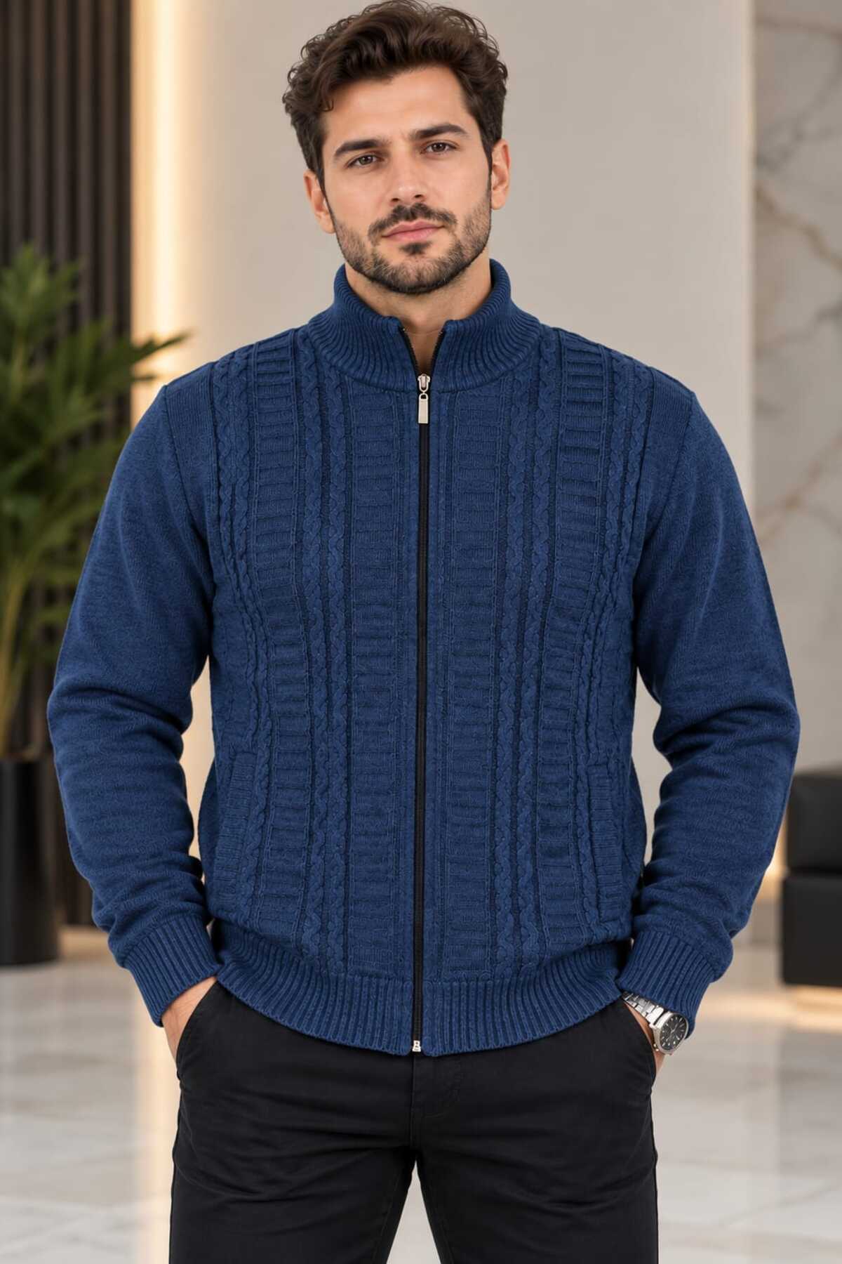 🧶 Erkek Fermuarlı Örgü Desenli Triko Kazak – Dik Yaka Cepli Kalın Dokulu — مشکی 007