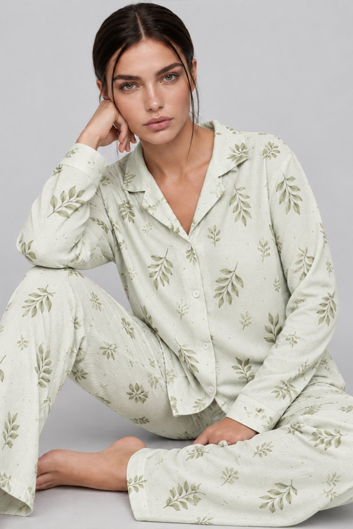 FİT WOMEN Kadın Uzun Kol Rahat Yeşil Pijama Takımı 4767