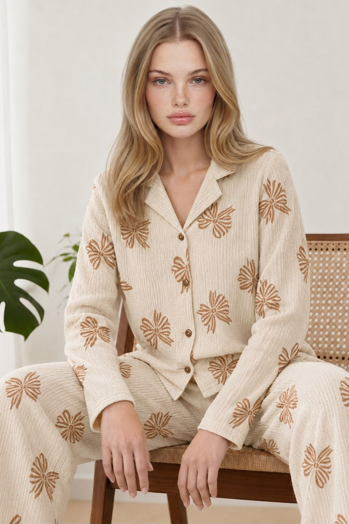 FİT WOMEN Kadın Uzun Kol Rahat Krem Pijama Takımı 4759 görsel 3