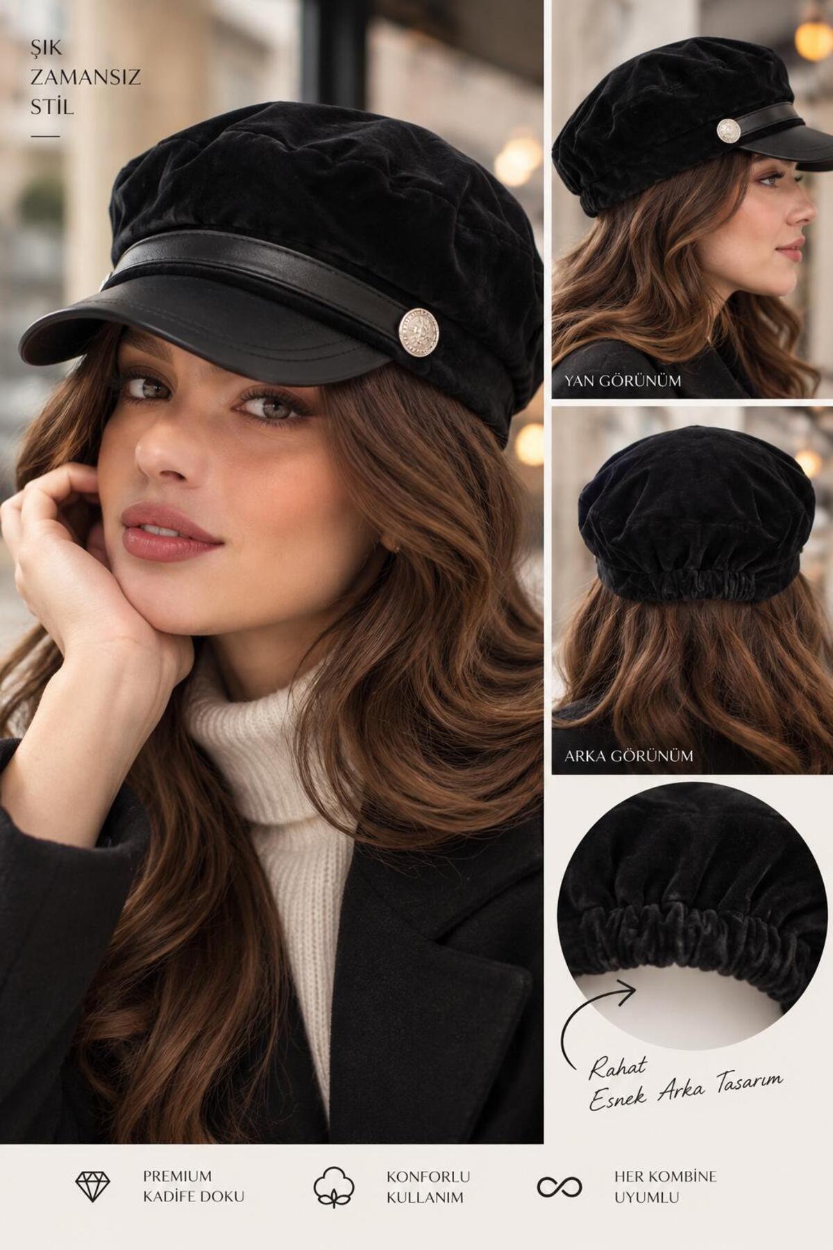 Wearflawless Kadın Kasket Şapka, Siperli Vintage Model Şık Günlük Sonbahar Kış Şapkası görsel 2