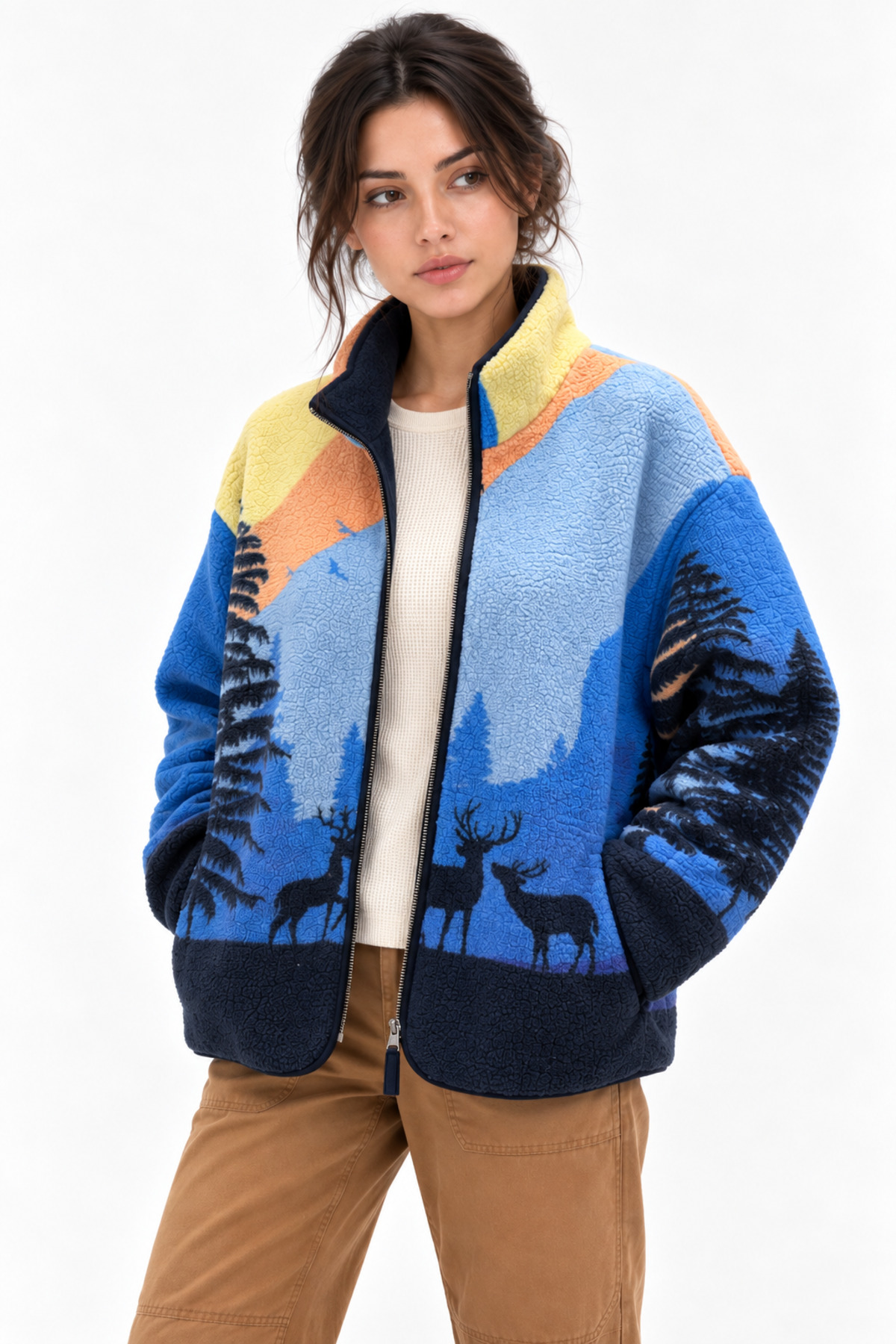Mixray 4981 Kadın Gece Manzaralı Cepli Yumuşak Dokulu Polar Sweatshirt görsel 2