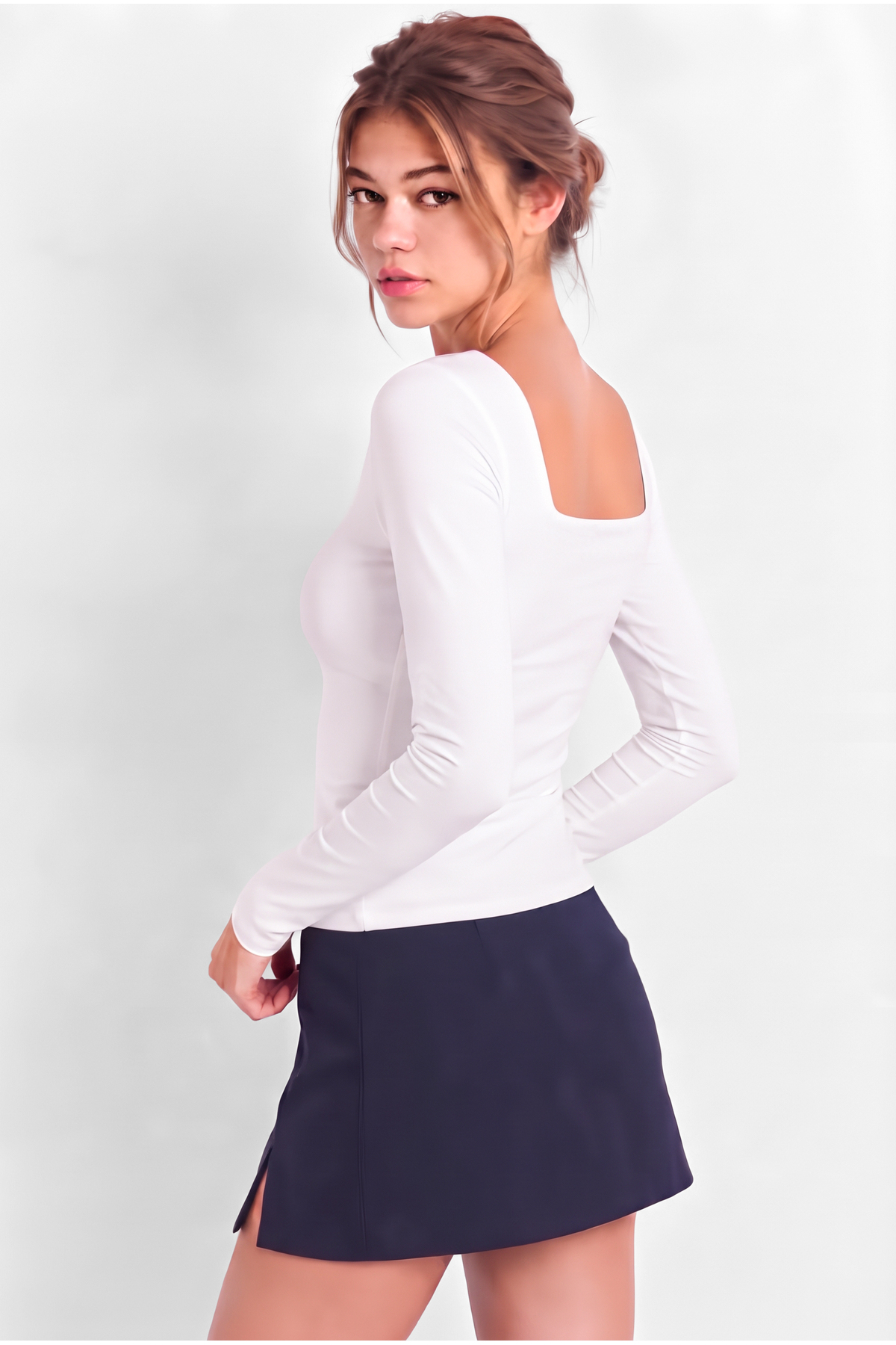 OLYNN Kadın Beyaz Kare Yaka Uzun Kollu Çift Kat Premium Soft Modal Pamuk Bluz görsel 2